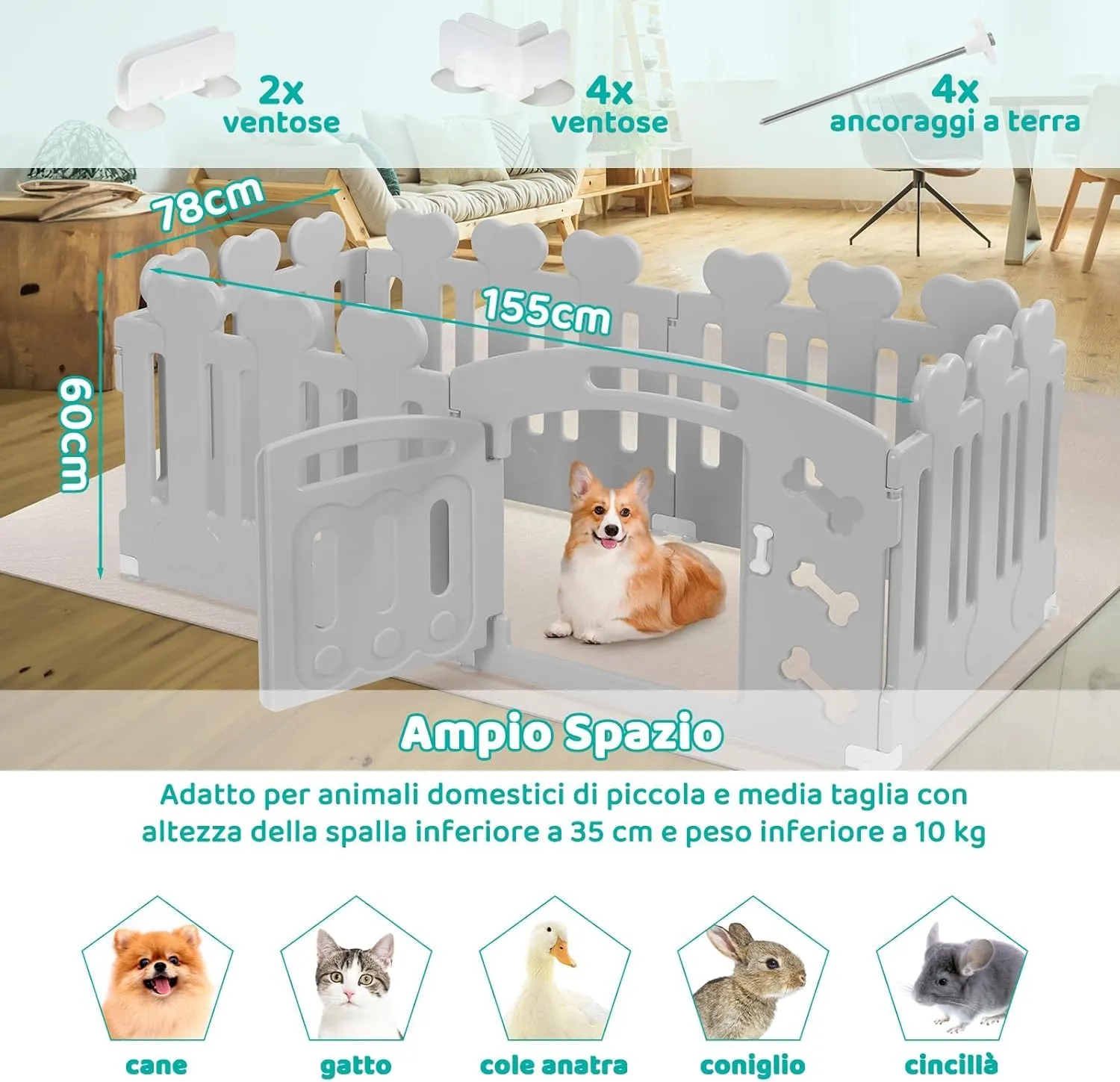 MAMIZO Recinto per Cani da Interno ed Esterno, 60cm, 5+1 Pannelli, Grigio - immagine 2