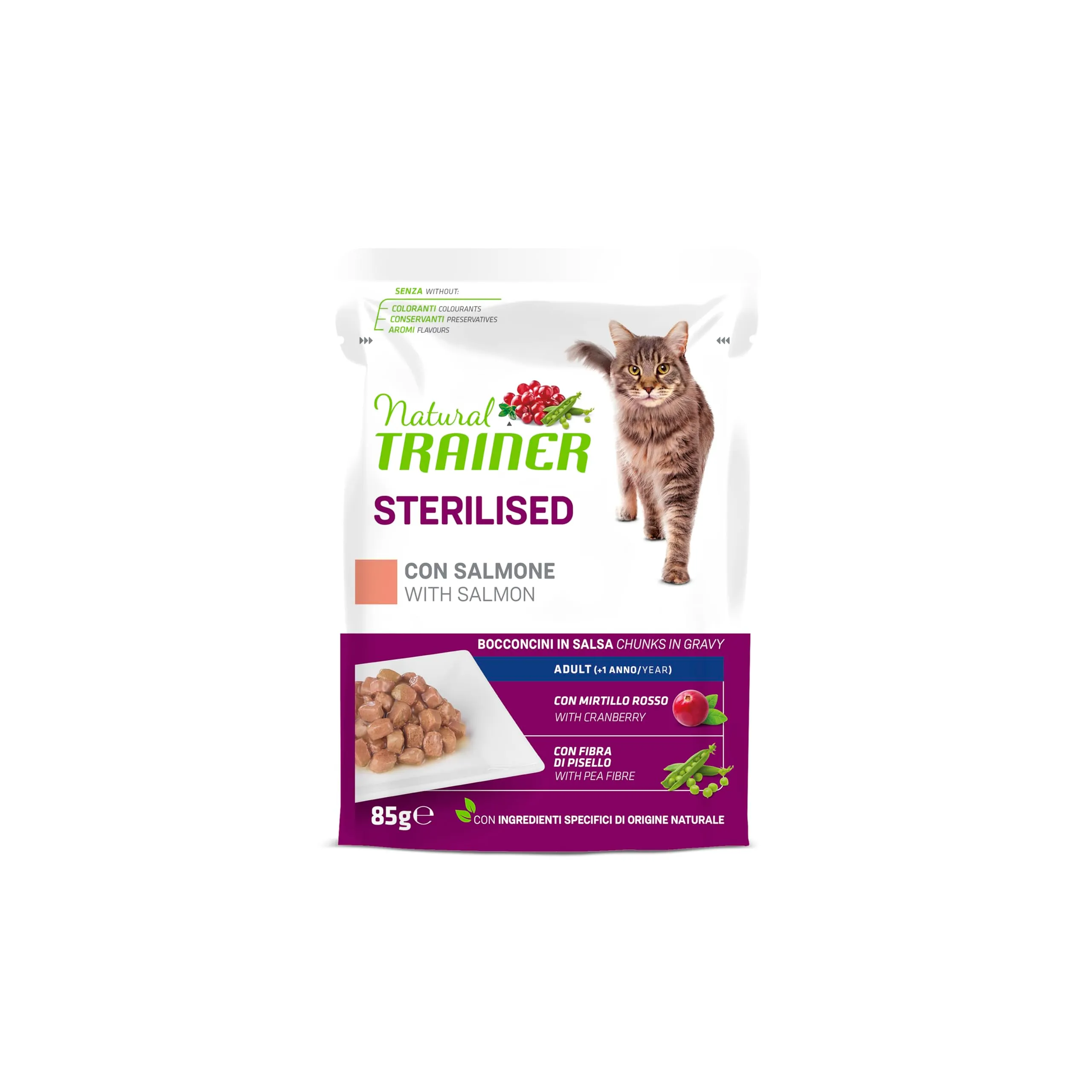 Trainer Natural Sterilised Cibo Umido per Gatti Adulti con Salmone, 12 Buste x 85 g - immagine 3