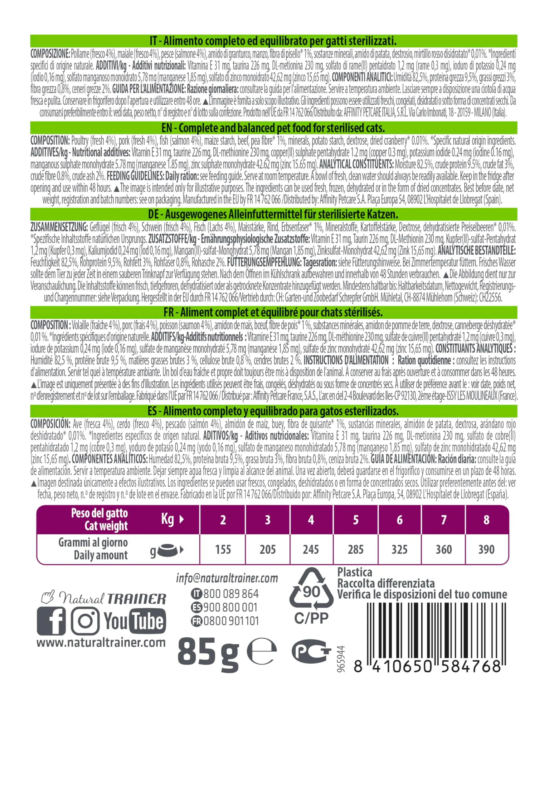 Trainer Natural Sterilised Cibo Umido per Gatti Adulti con Salmone, 12 Buste x 85 g - immagine 4