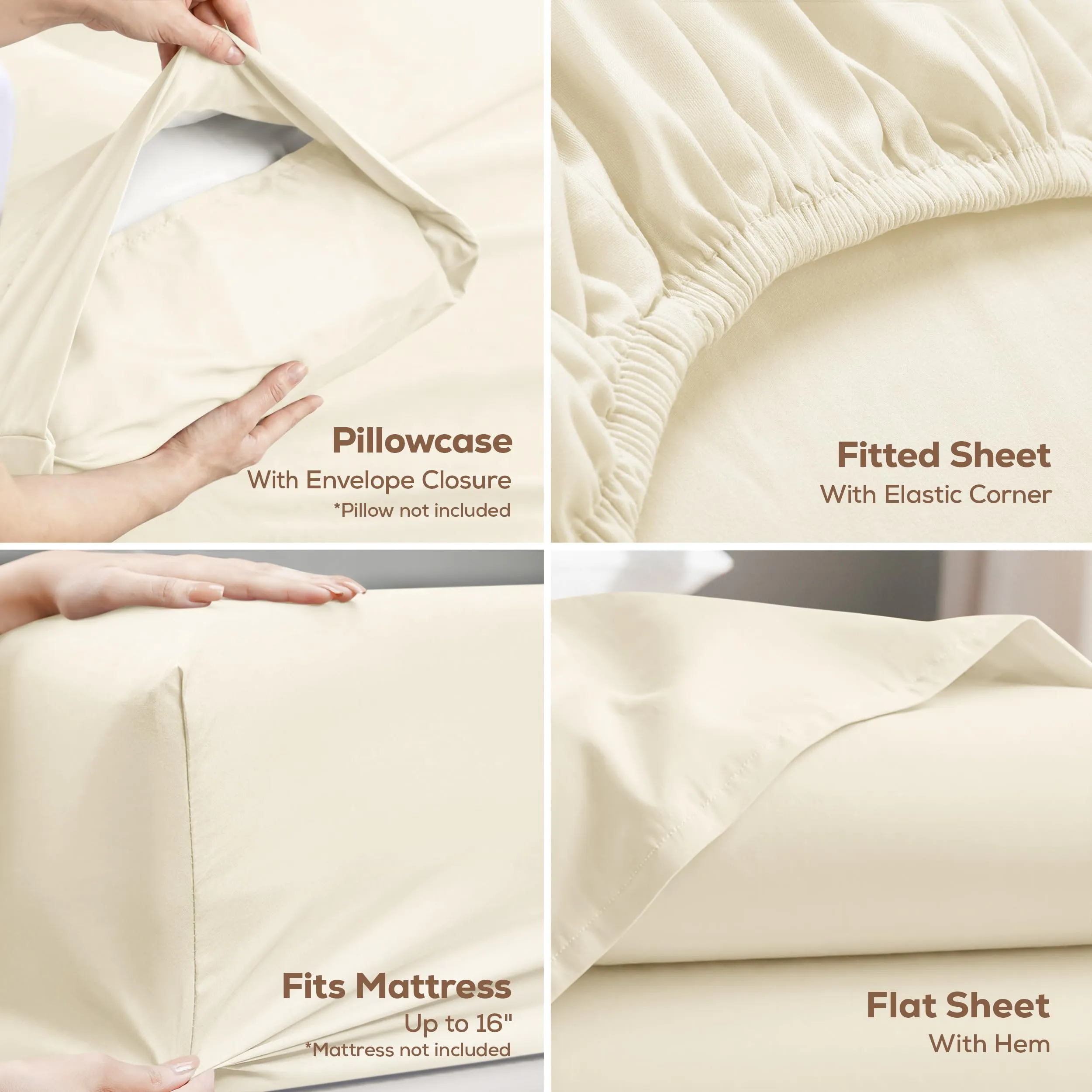 Utopia Bedding Lenzuola in Microfibra Spazzolata, Set 4 Pezzi, Misura King, Avorio - immagine 3