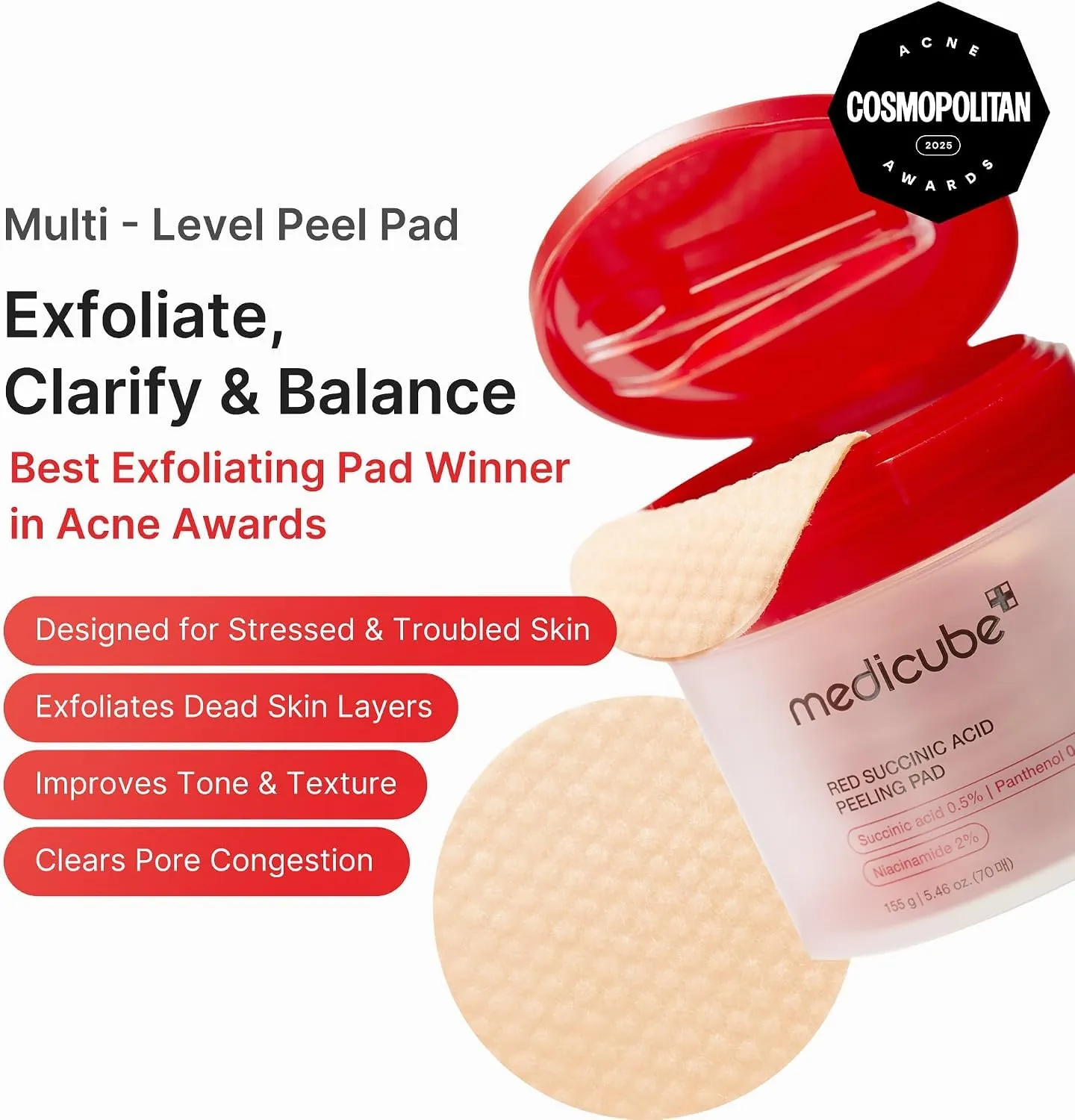 medicube Red Succinic Acid Panthenol Facial Peeling Toner Pads - immagine 2