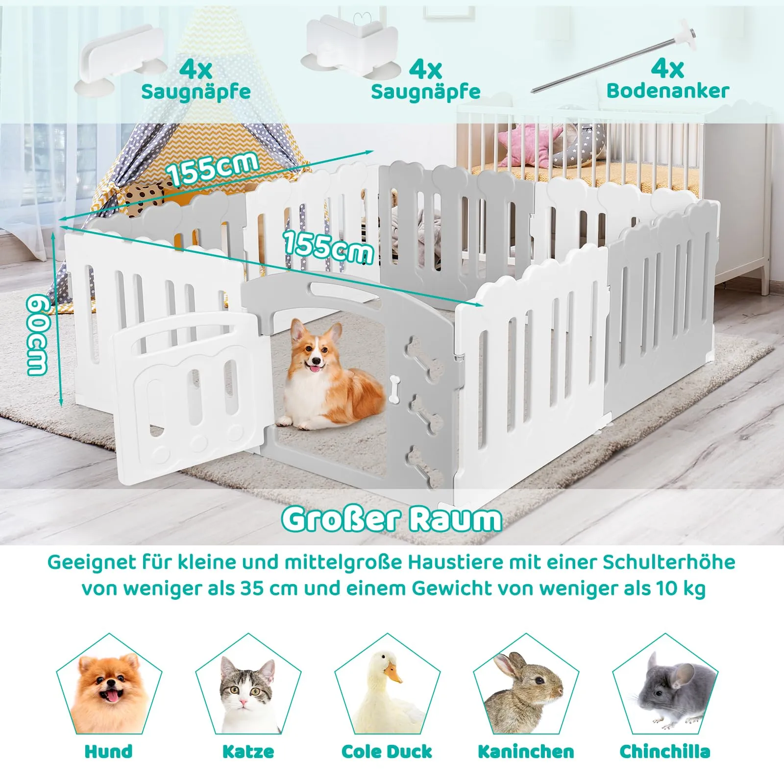 MAMIZO Recinto per Cani da Interno ed Esterno, 155 x 155 x 60 cm, 8 Pannelli, Grigio-Bianco - immagine 2