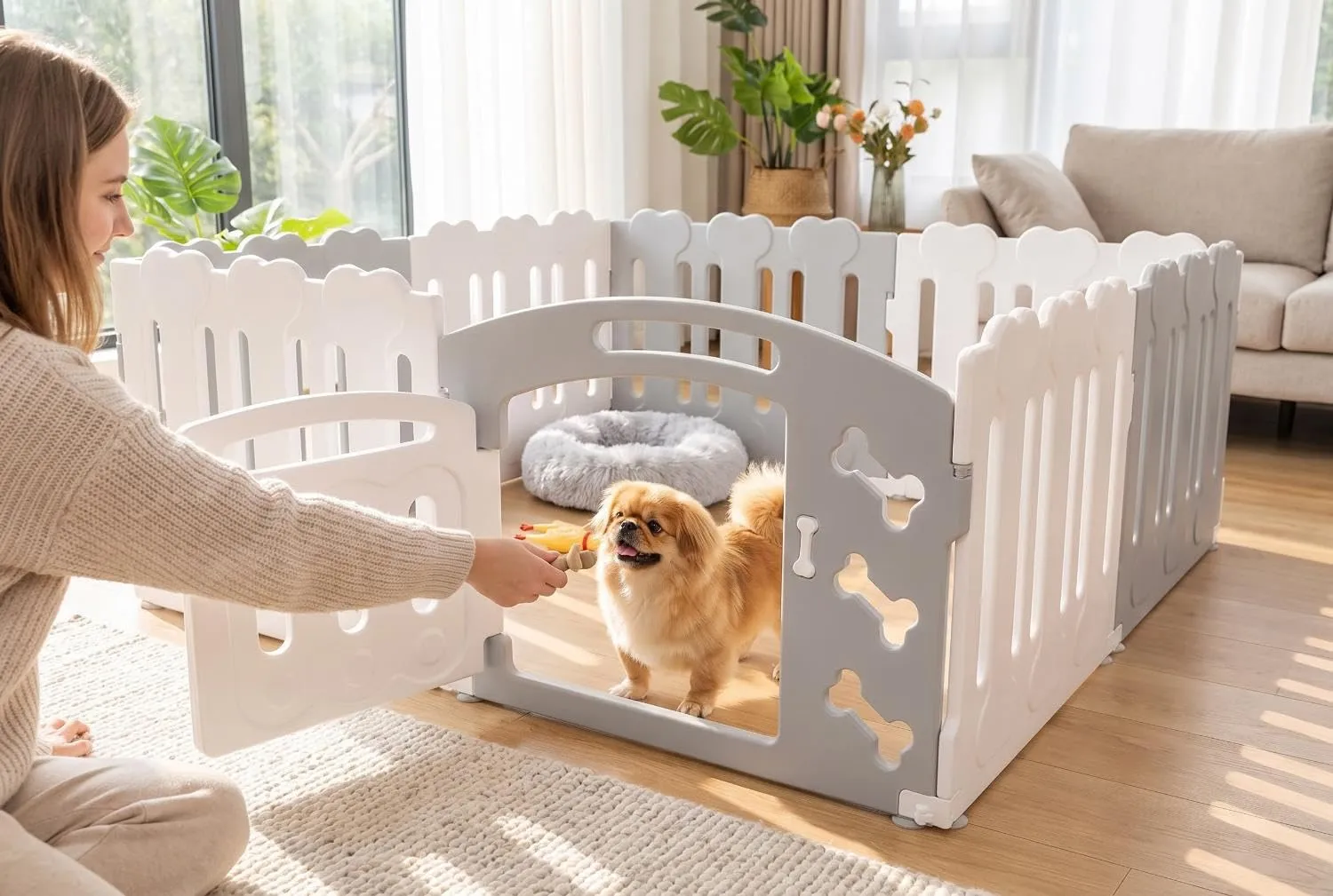 MAMIZO Recinto per Cani da Interno ed Esterno, 155 x 155 x 60 cm, 8 Pannelli, Grigio-Bianco - immagine 3