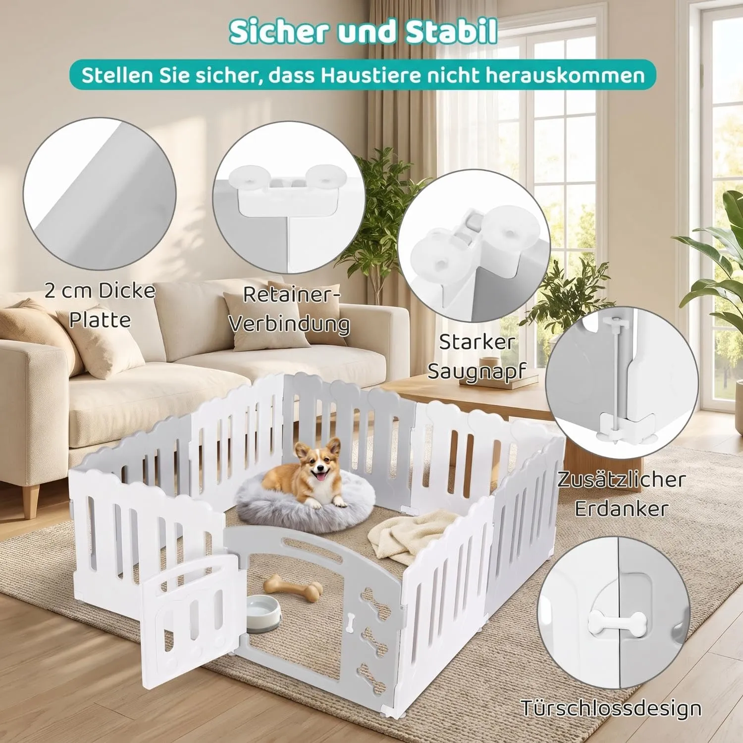 MAMIZO Recinto per Cani da Interno ed Esterno, 155 x 155 x 60 cm, 8 Pannelli, Grigio-Bianco - immagine 5