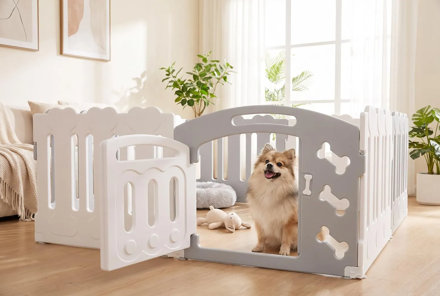 MAMIZO Recinto per Cani da Interno ed Esterno, 155 x 155 x 60 cm, 8 Pannelli, Grigio-Bianco - immagine 6