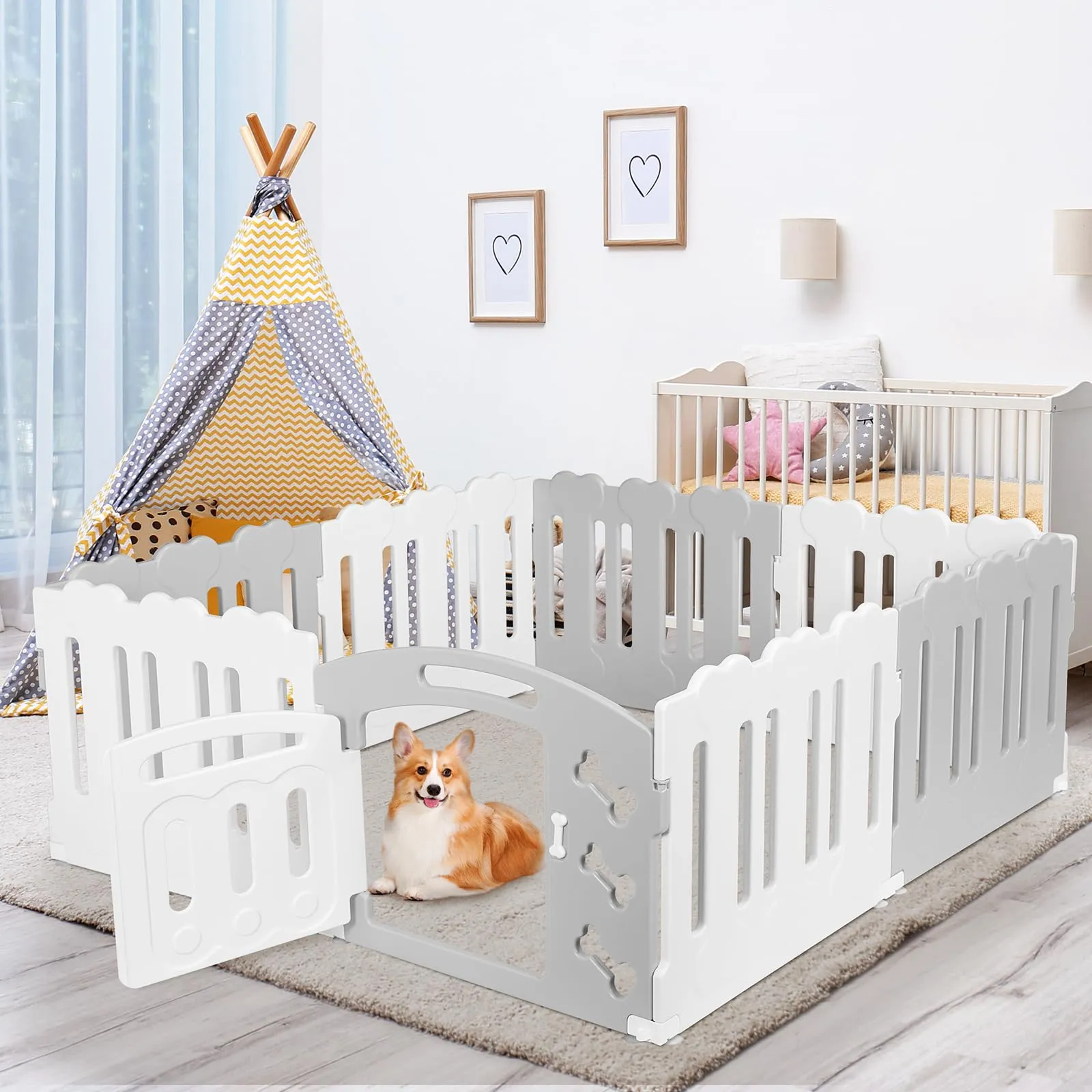 MAMIZO Recinto per Cani da Interno ed Esterno, 155 x 155 x 60 cm, 8 Pannelli, Grigio-Bianco - immagine 8