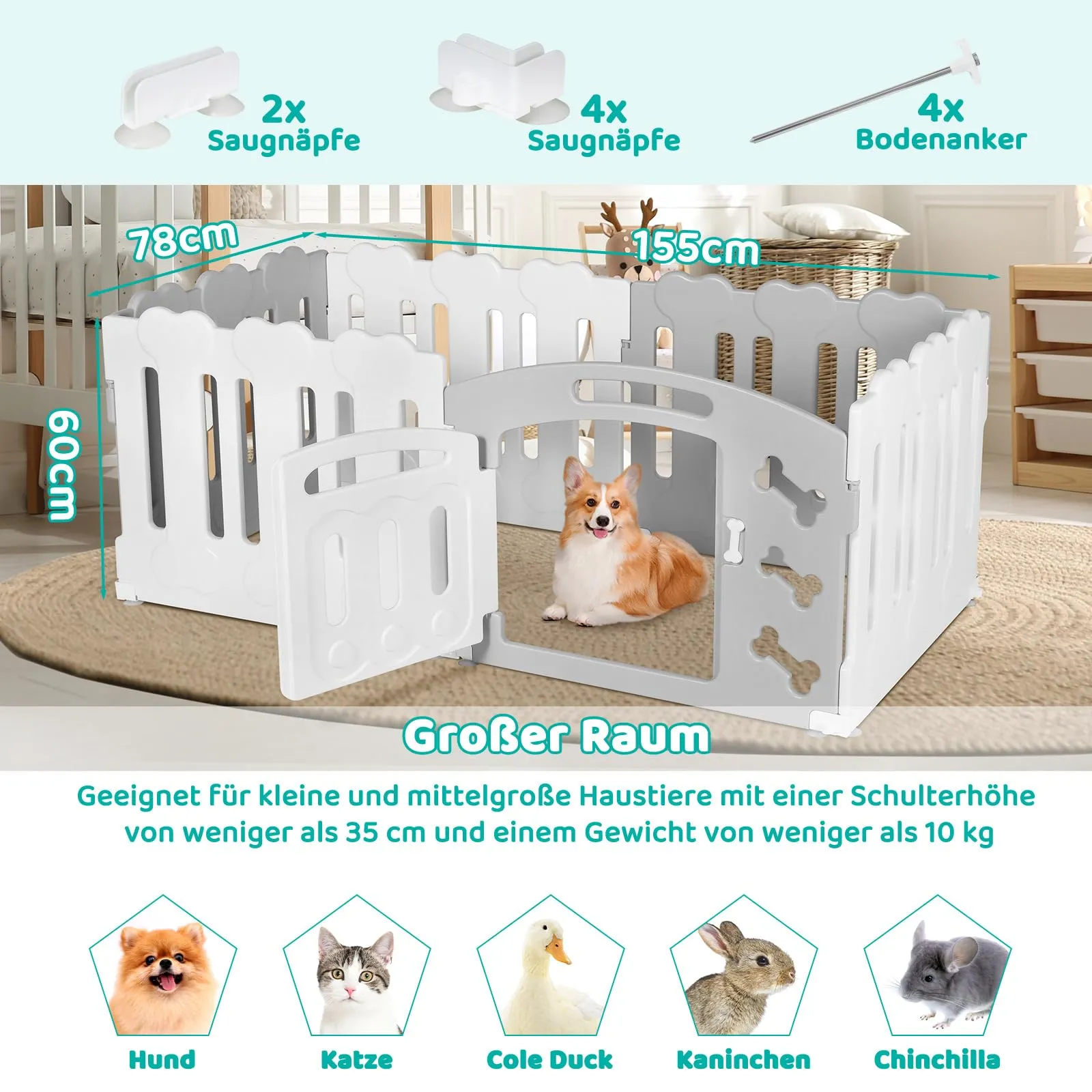MAMIZO Recinto per Cani da Interno ed Esterno, 78 x 155 x 60 cm, 6 Pannelli, Grigio-Bianco - immagine 2