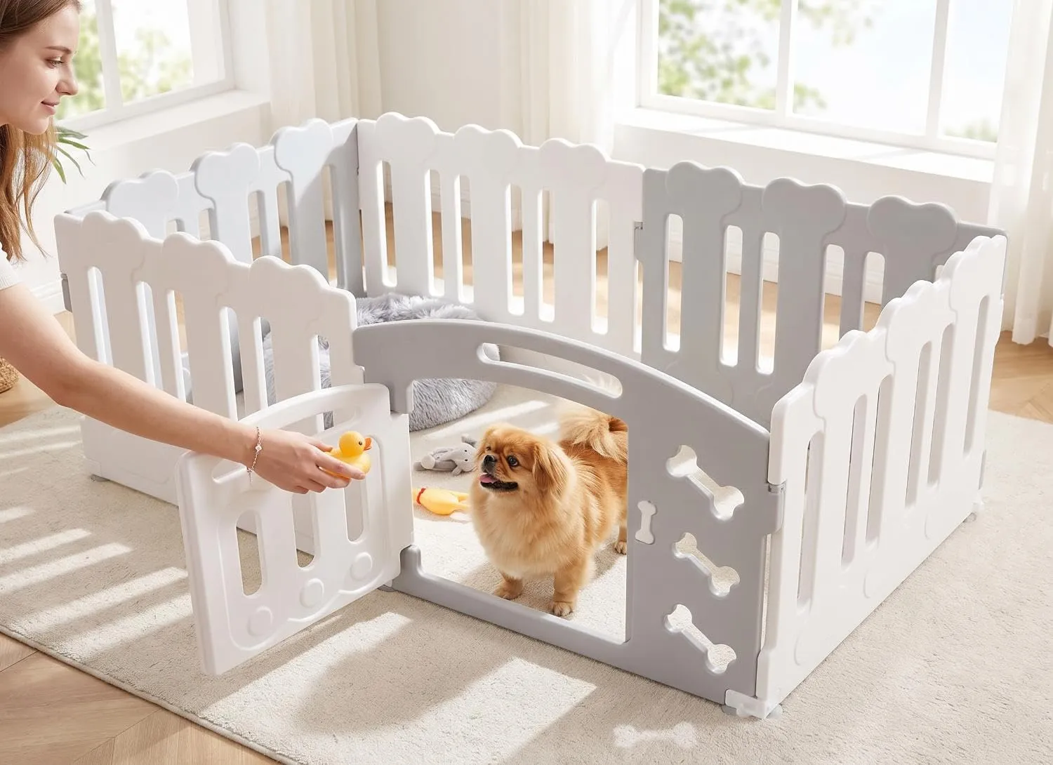 MAMIZO Recinto per Cani da Interno ed Esterno, 78 x 155 x 60 cm, 6 Pannelli, Grigio-Bianco - immagine 3