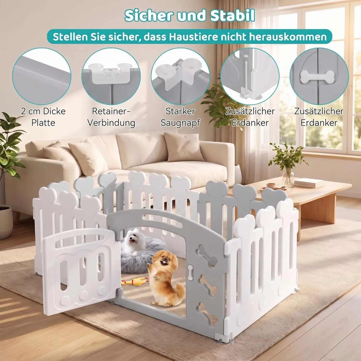 MAMIZO Recinto per Cani da Interno ed Esterno, 78 x 155 x 60 cm, 6 Pannelli, Grigio-Bianco - immagine 6