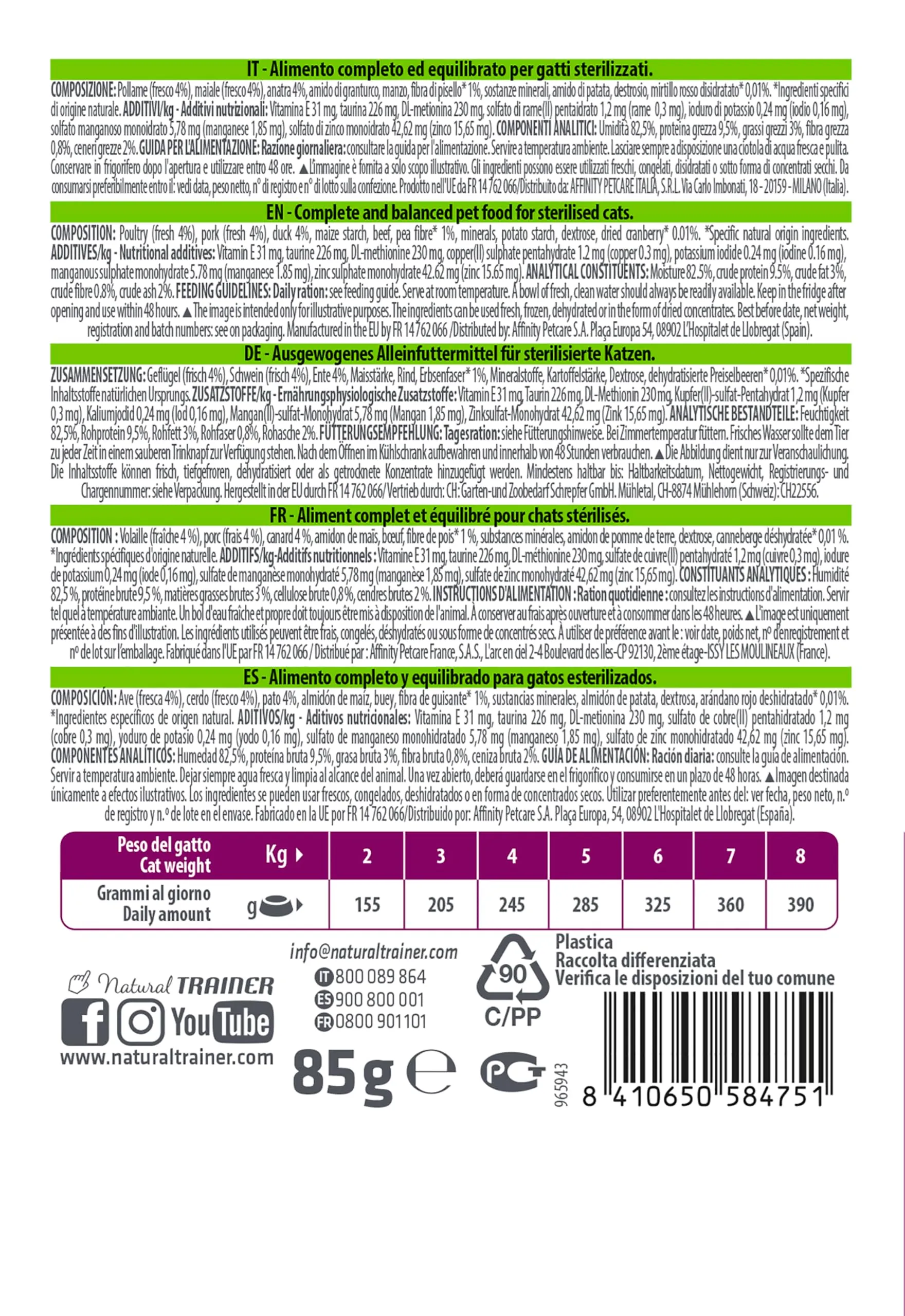 Trainer Natural Sterilised Cibo Umido per Gatti Adulti con Anatra, 12 x 85 g - immagine 4
