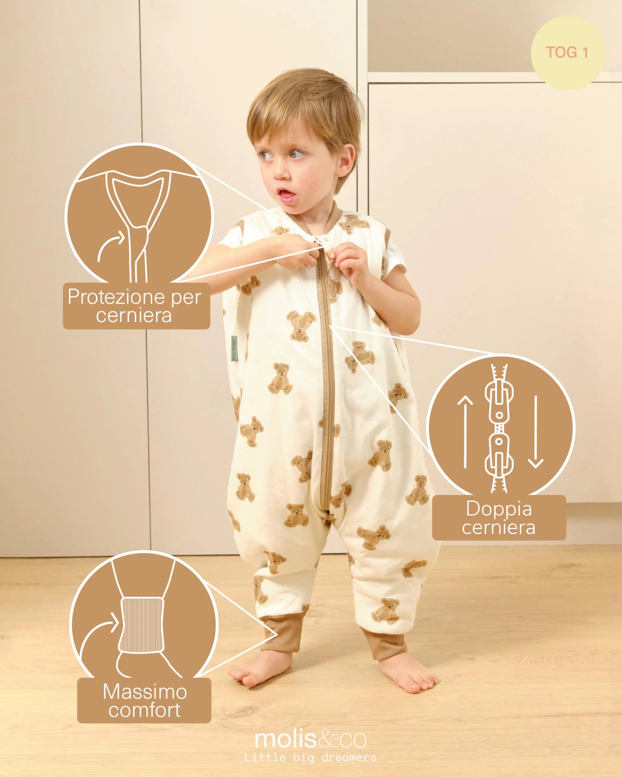 molis&co. Sacco Nanna con piedini 1 TOG, 100% Cotone Oeko-TEX 100, Teddy, 4 anni - immagine 3