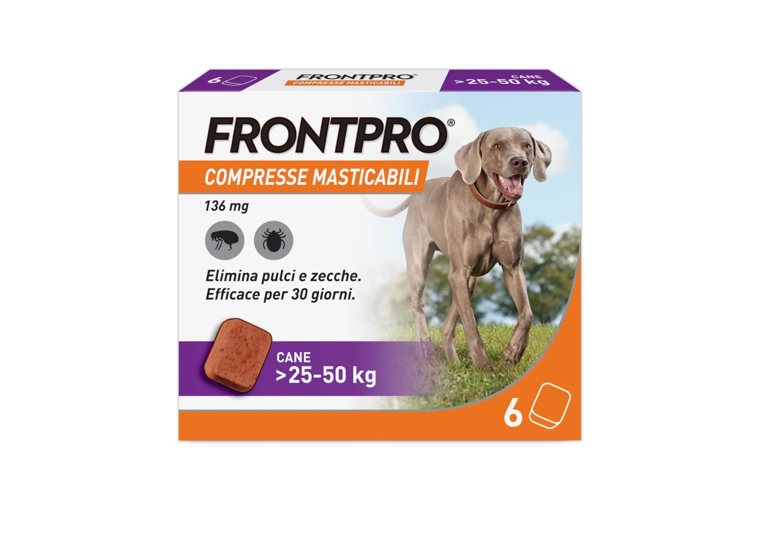 Frontpro Compresse Masticabili per Cani contro Pulci e Zecche (25-50kg), 6 compresse - immagine 1