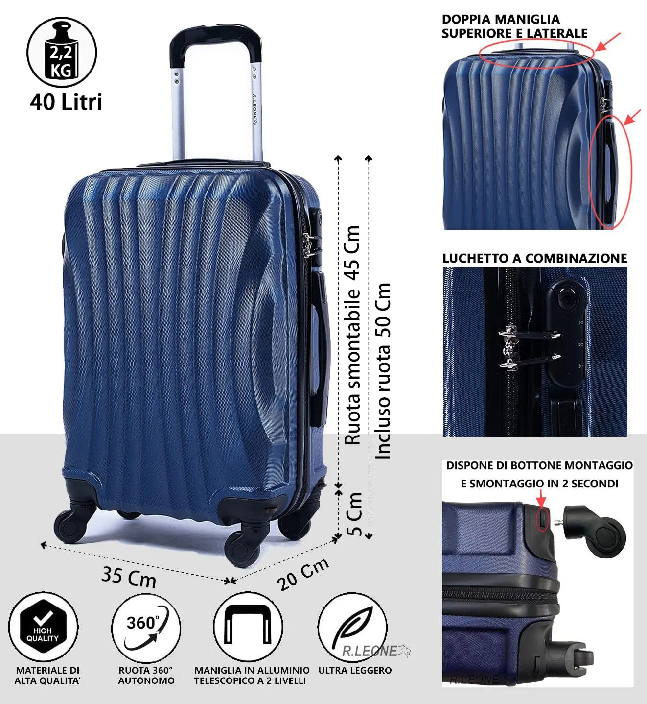 R.Leone EasyJet Valigia Trolley Bagaglio a mano in ABS 4 Ruote Rimovibili 20374 (Blu, 50x35x20 cm) - immagine 2