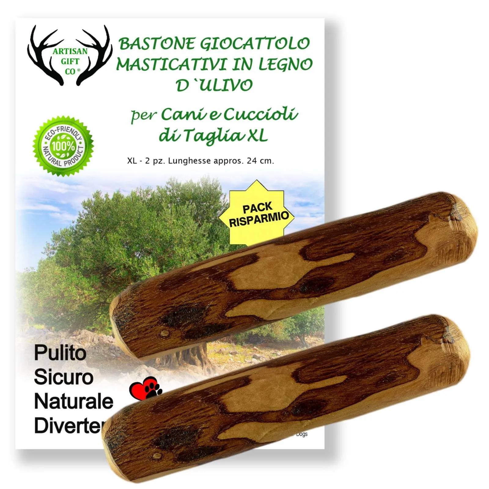 ARTISAN GIFT CO Osso di legno d'ulivo naturale per cani, 24 cm - immagine 1