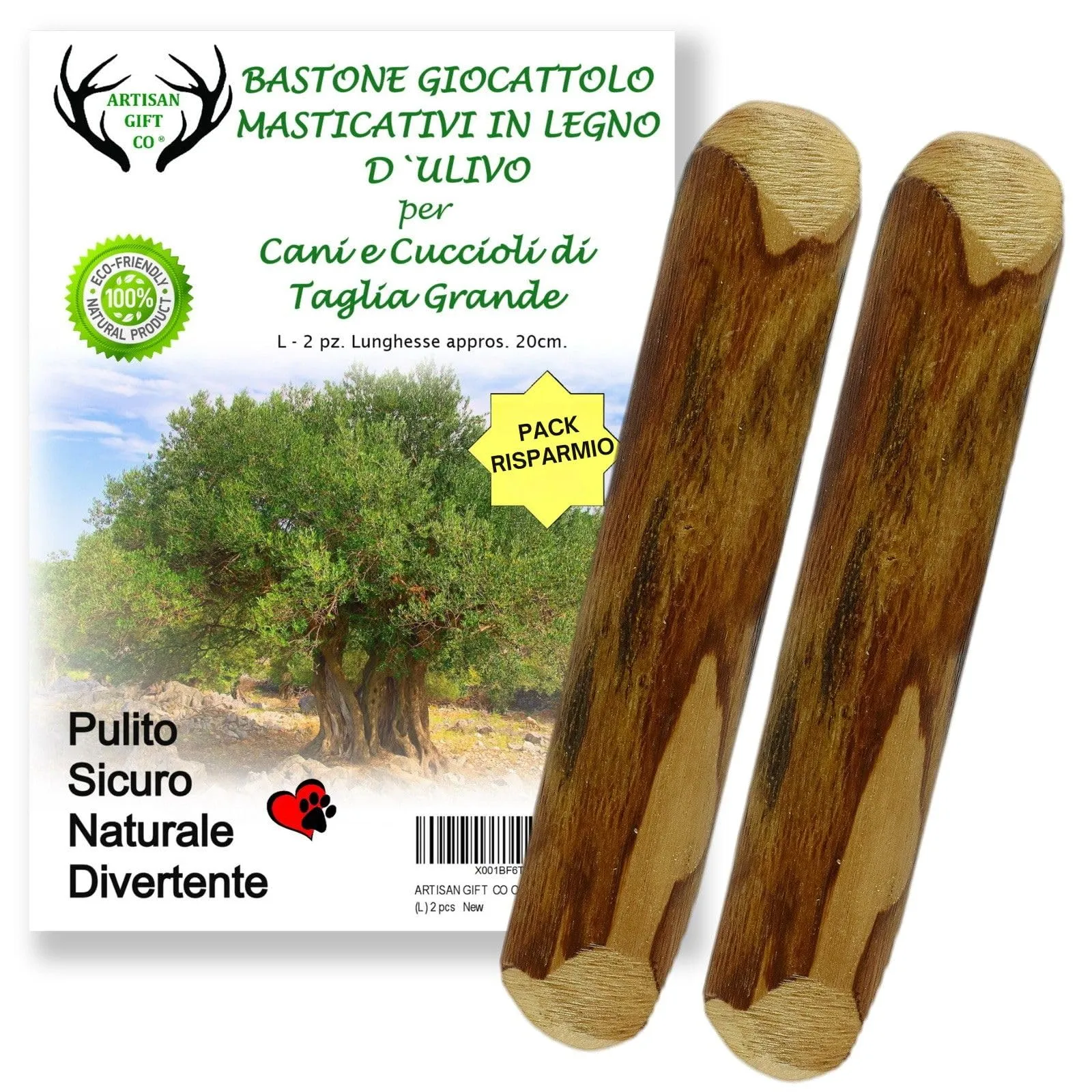 ARTISAN GIFT CO Osso di legno di ulivo naturale per cani, 20 cm - immagine 1