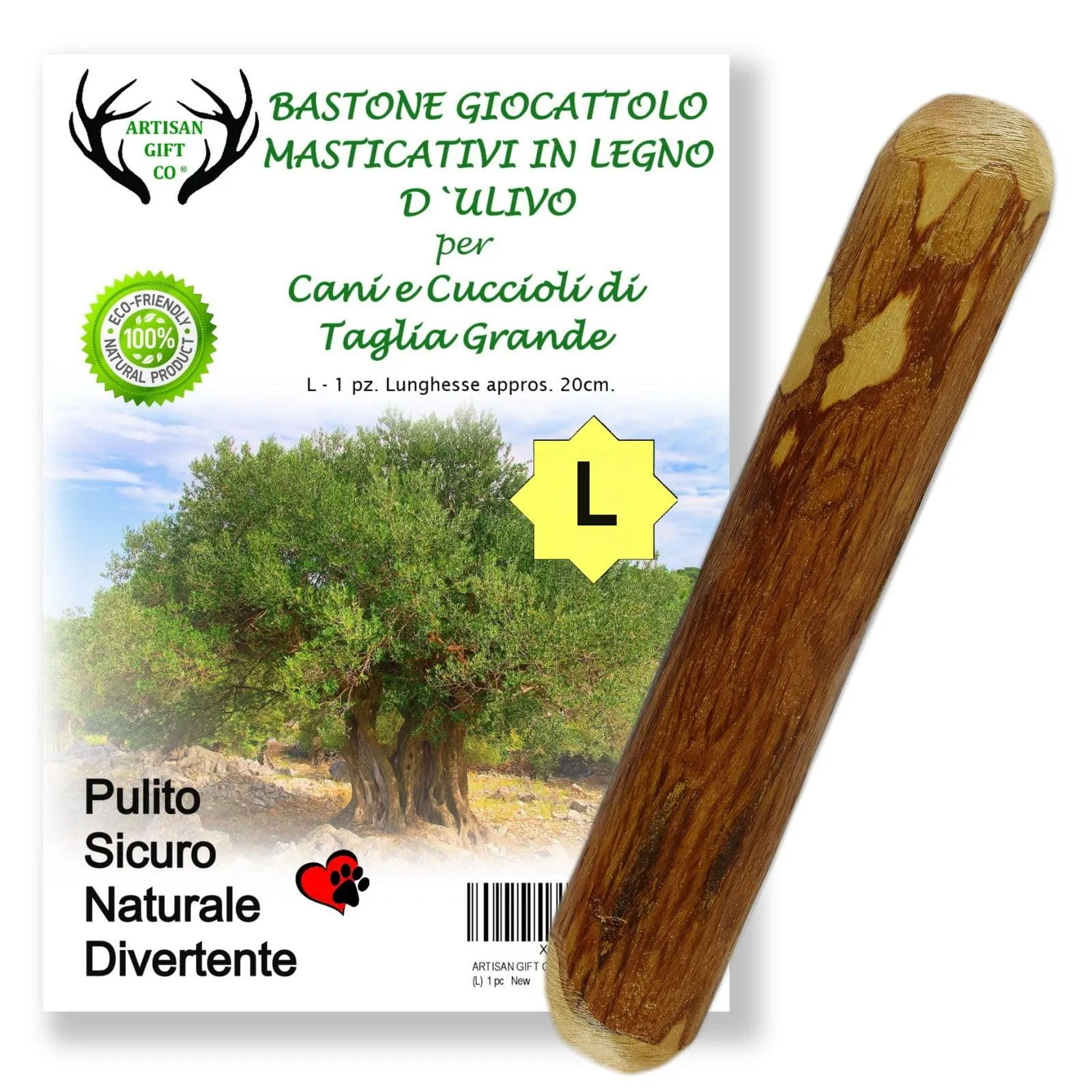 ARTISAN GIFT CO Osso di legno d'olivo naturale per cani, 20 cm - immagine 1