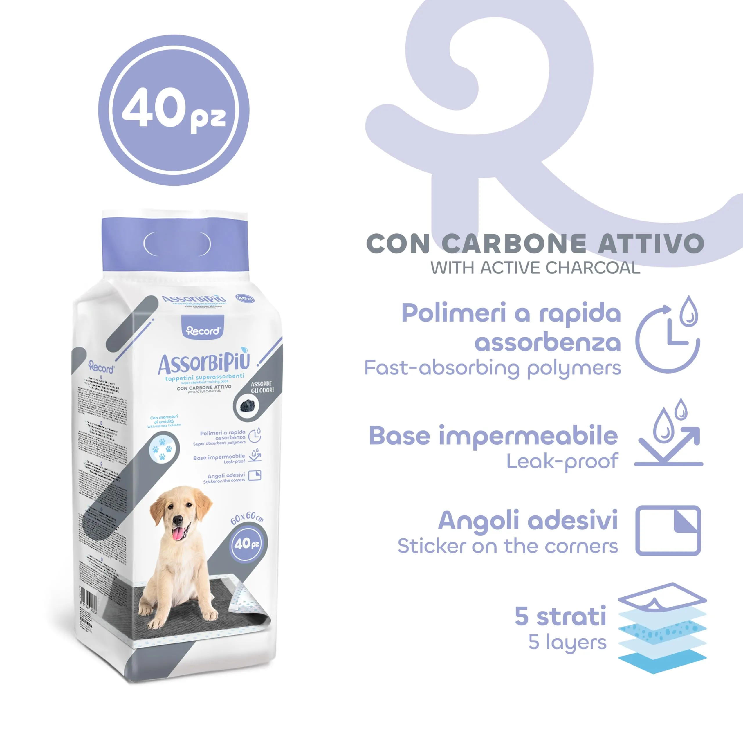 Record Assorbipiù Traverse Cani ai Carboni Attivi Usa e Getta, 60x60cm, 40 pz - immagine 2