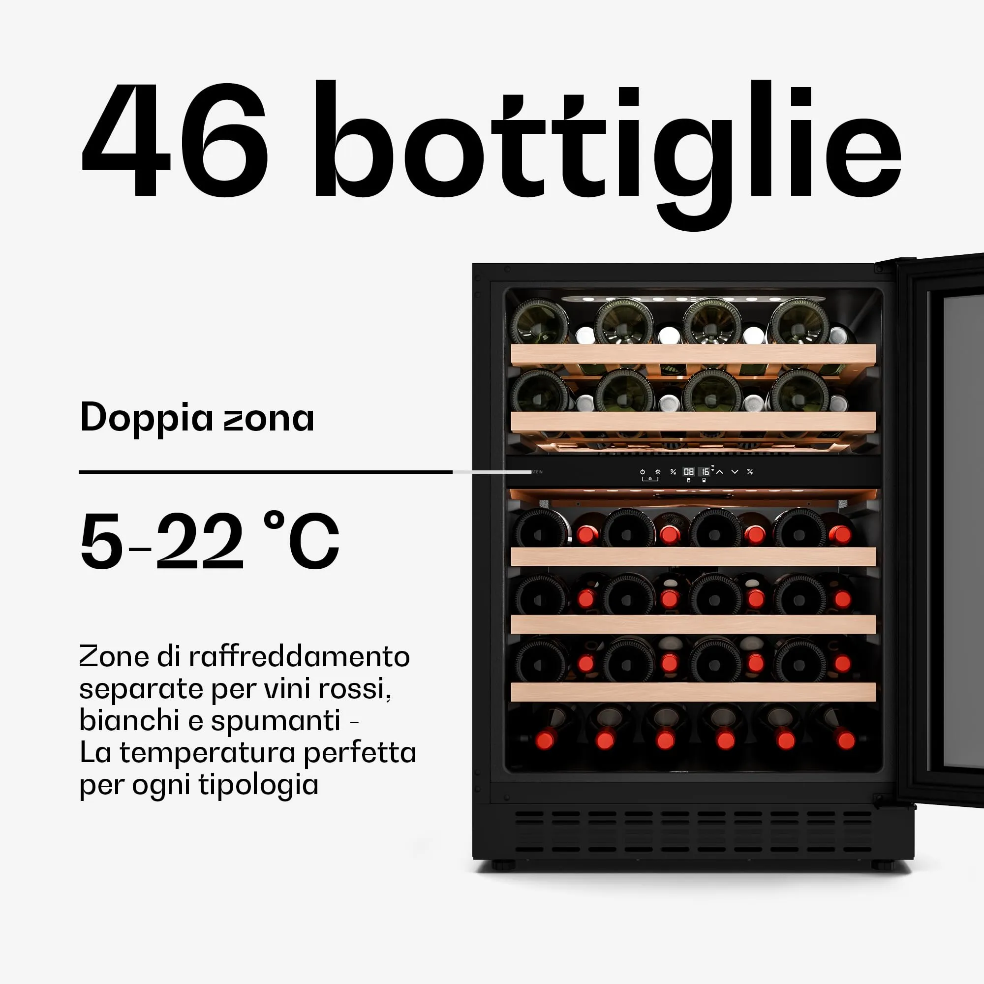 Klarstein Velaire Cantinetta per Vino Doppia Temperatura, 46 Bottiglie, 2 Zone 5-22°C, LED, Touch, Ripiani in Legno, UV, 41 dB - immagine 3