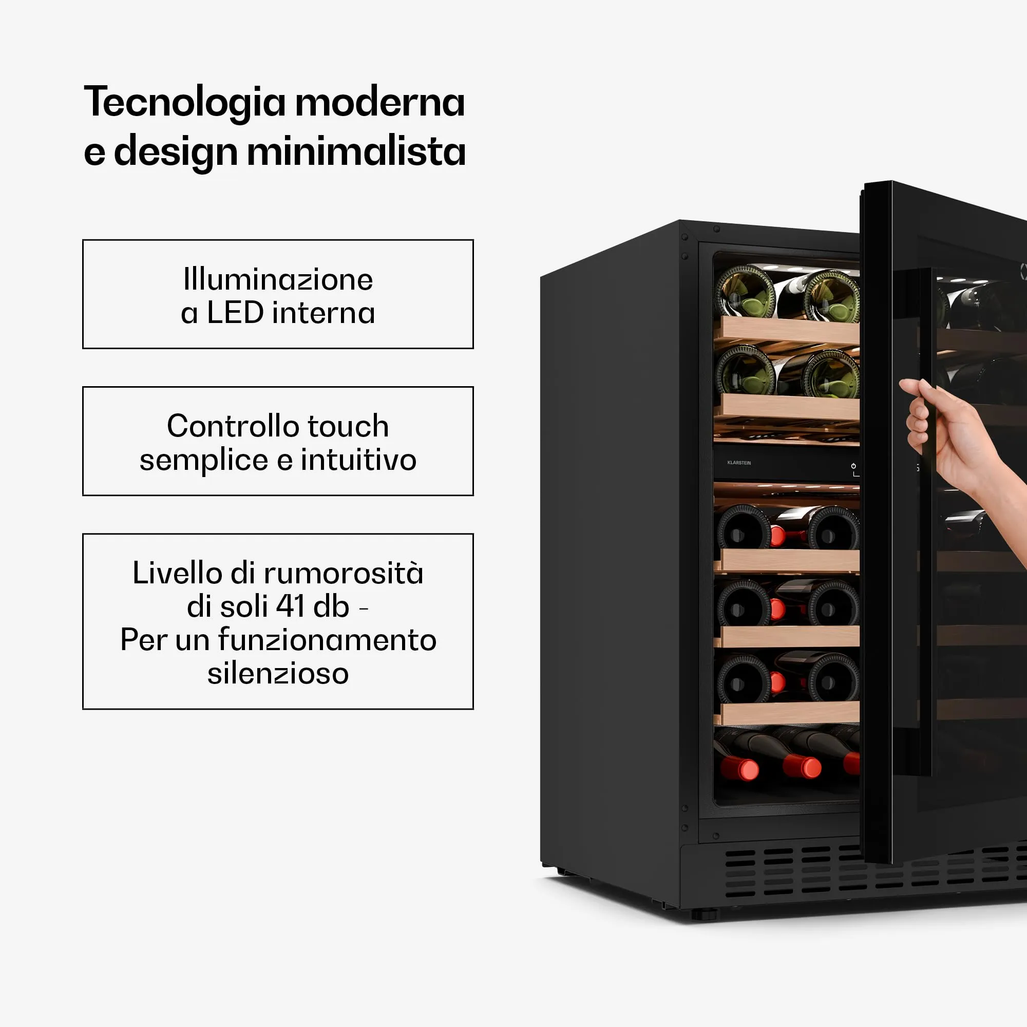 Klarstein Velaire Cantinetta per Vino Doppia Temperatura, 46 Bottiglie, 2 Zone 5-22°C, LED, Touch, Ripiani in Legno, UV, 41 dB - immagine 4