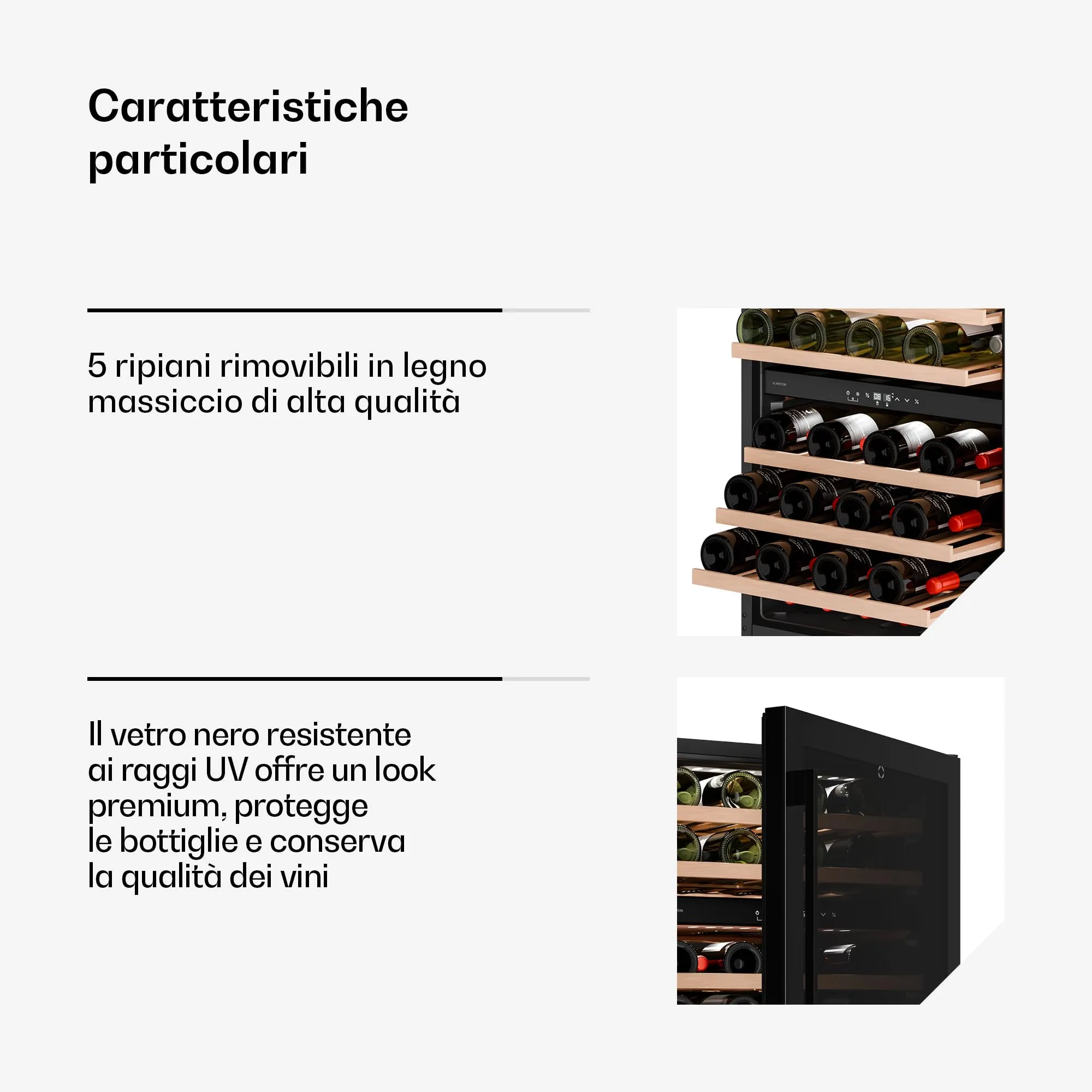 Klarstein Velaire Cantinetta per Vino Doppia Temperatura, 46 Bottiglie, 2 Zone 5-22°C, LED, Touch, Ripiani in Legno, UV, 41 dB - immagine 5