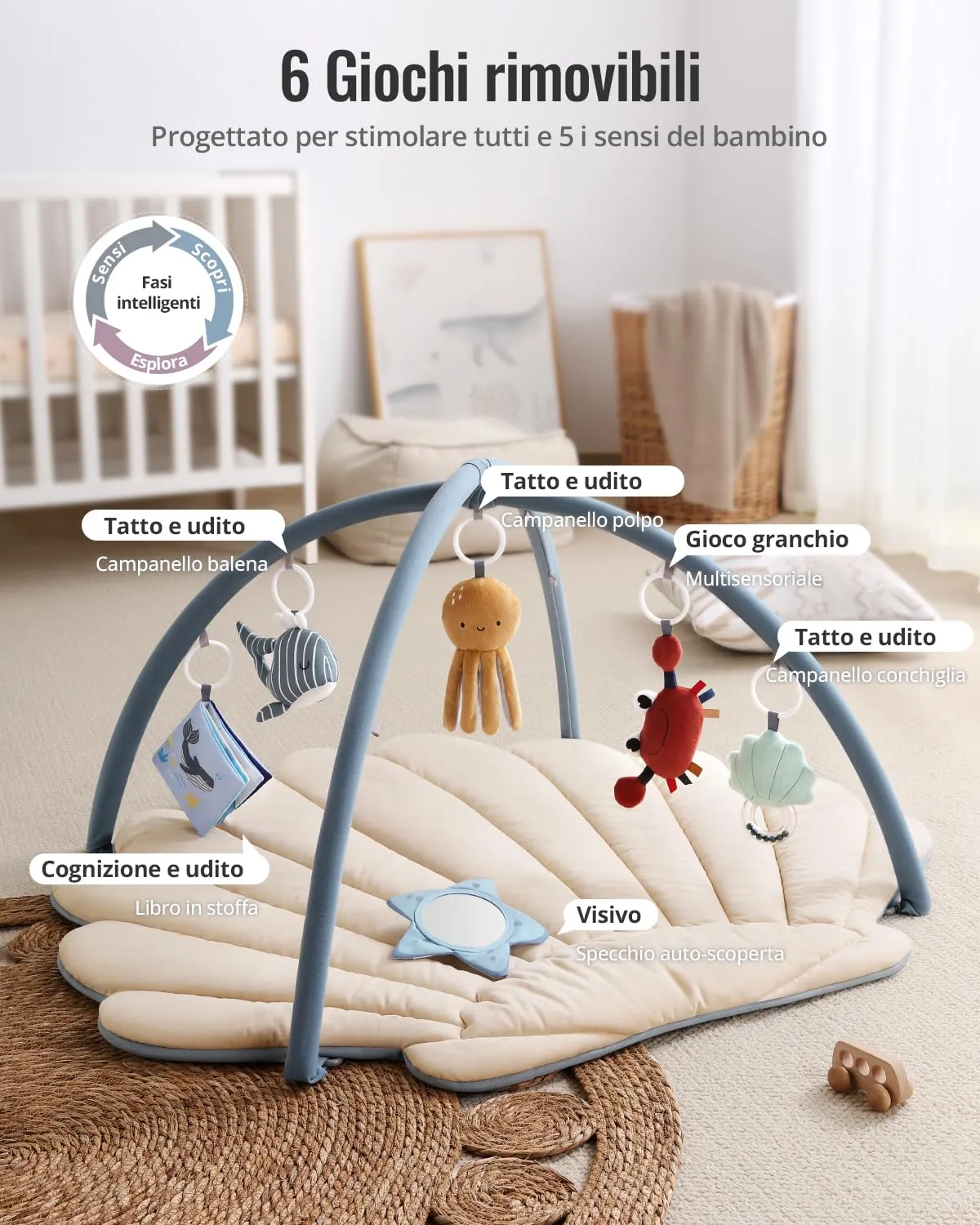 Blissful Diary Palestrina Neonato Montessori con Arco Rimovibile e 6 Giochi, Tema Boho Oceano - immagine 3