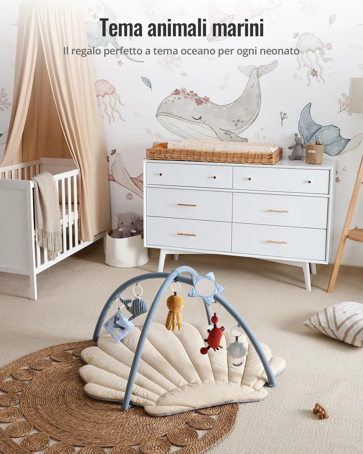 Blissful Diary Palestrina Neonato Montessori con Arco Rimovibile e 6 Giochi, Tema Boho Oceano - immagine 4