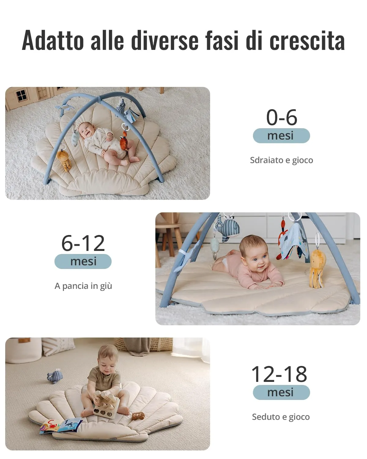 Blissful Diary Palestrina Neonato Montessori con Arco Rimovibile e 6 Giochi, Tema Boho Oceano - immagine 5
