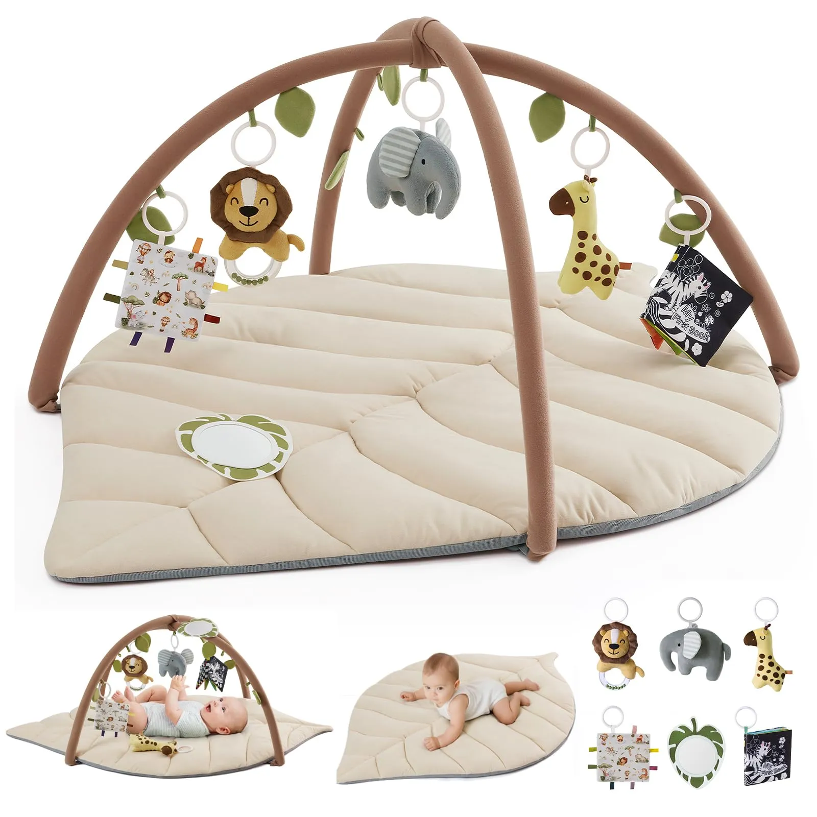 Blissful Diary Palestrina Neonato Montessori a Forma di Foglia con Arco Rimovibile e 6 Giochi, Beige Avena - immagine 1