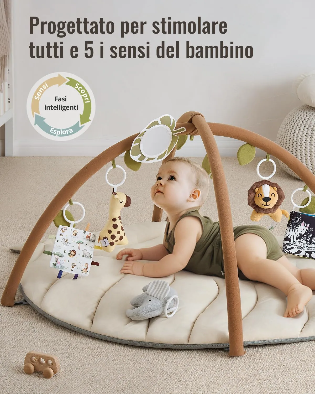 Blissful Diary Palestrina Neonato Montessori a Forma di Foglia con Arco Rimovibile e 6 Giochi, Beige Avena - immagine 3