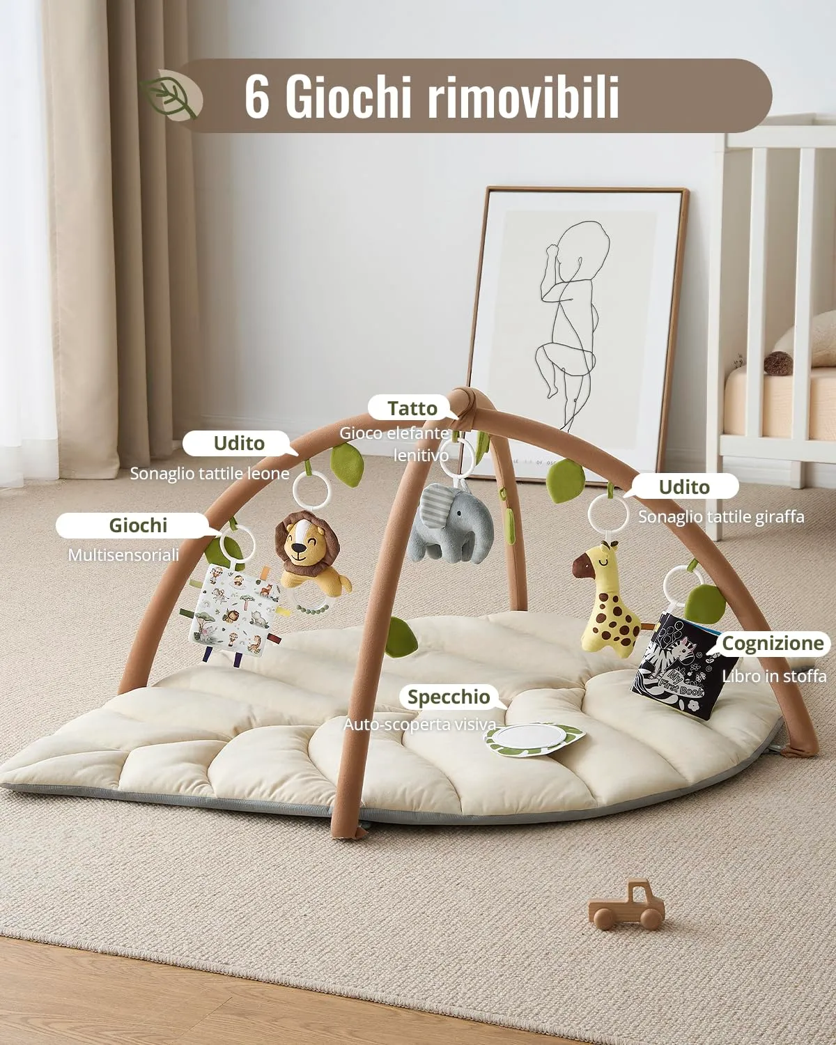 Blissful Diary Palestrina Neonato Montessori a Forma di Foglia con Arco Rimovibile e 6 Giochi, Beige Avena - immagine 4