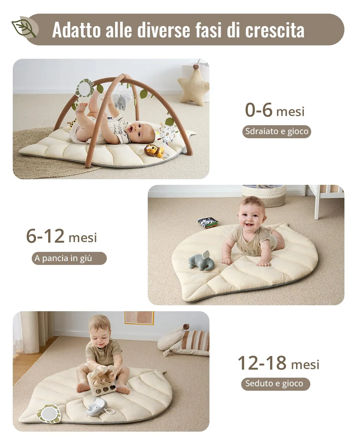 Blissful Diary Palestrina Neonato Montessori a Forma di Foglia con Arco Rimovibile e 6 Giochi, Beige Avena - immagine 5
