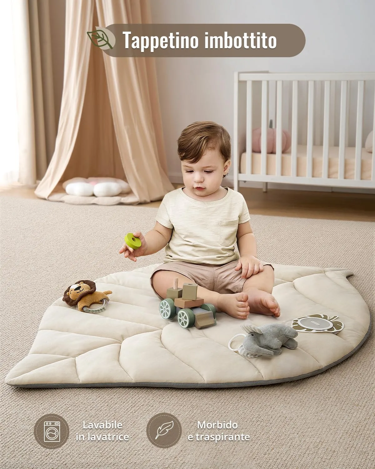 Blissful Diary Palestrina Neonato Montessori a Forma di Foglia con Arco Rimovibile e 6 Giochi, Beige Avena - immagine 6