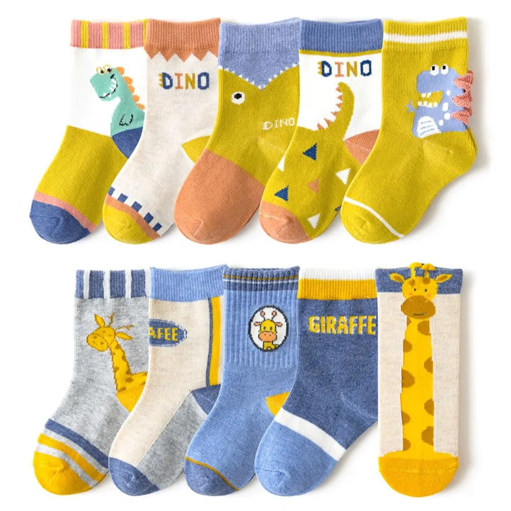 FedMois Calzini in Cotone Invernali per Bambini e Ragazzi, Dinosauro e Giraffa, 10 Paia, Taglia 31-34 - immagine 1