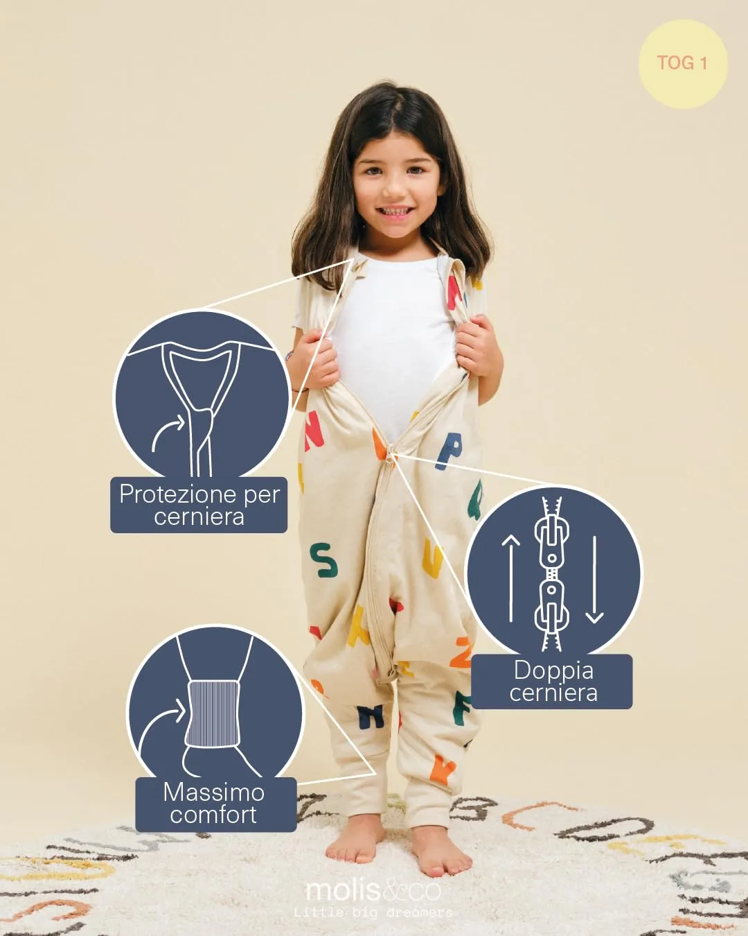 molis & co Sacco Nanna con piedini 1 TOG, 100% Cotone Oeko-Tex 100, ABC, 1 anno - immagine 3