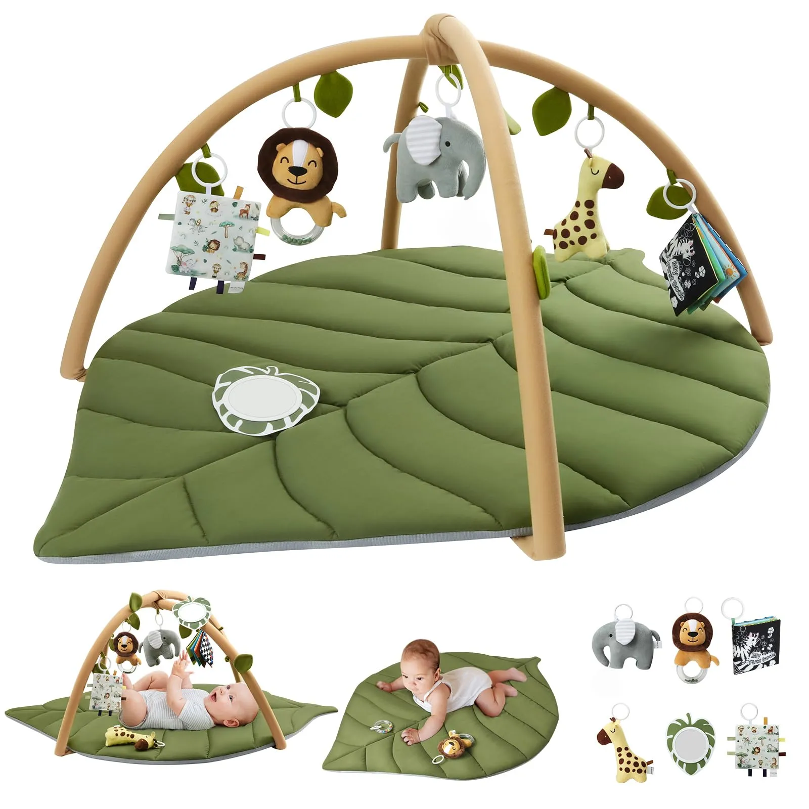 Blissful Diary Palestrina Neonato Montessori a Forma di Foglia con Arco Rimovibile e 6 Giochi, Verde - immagine 1