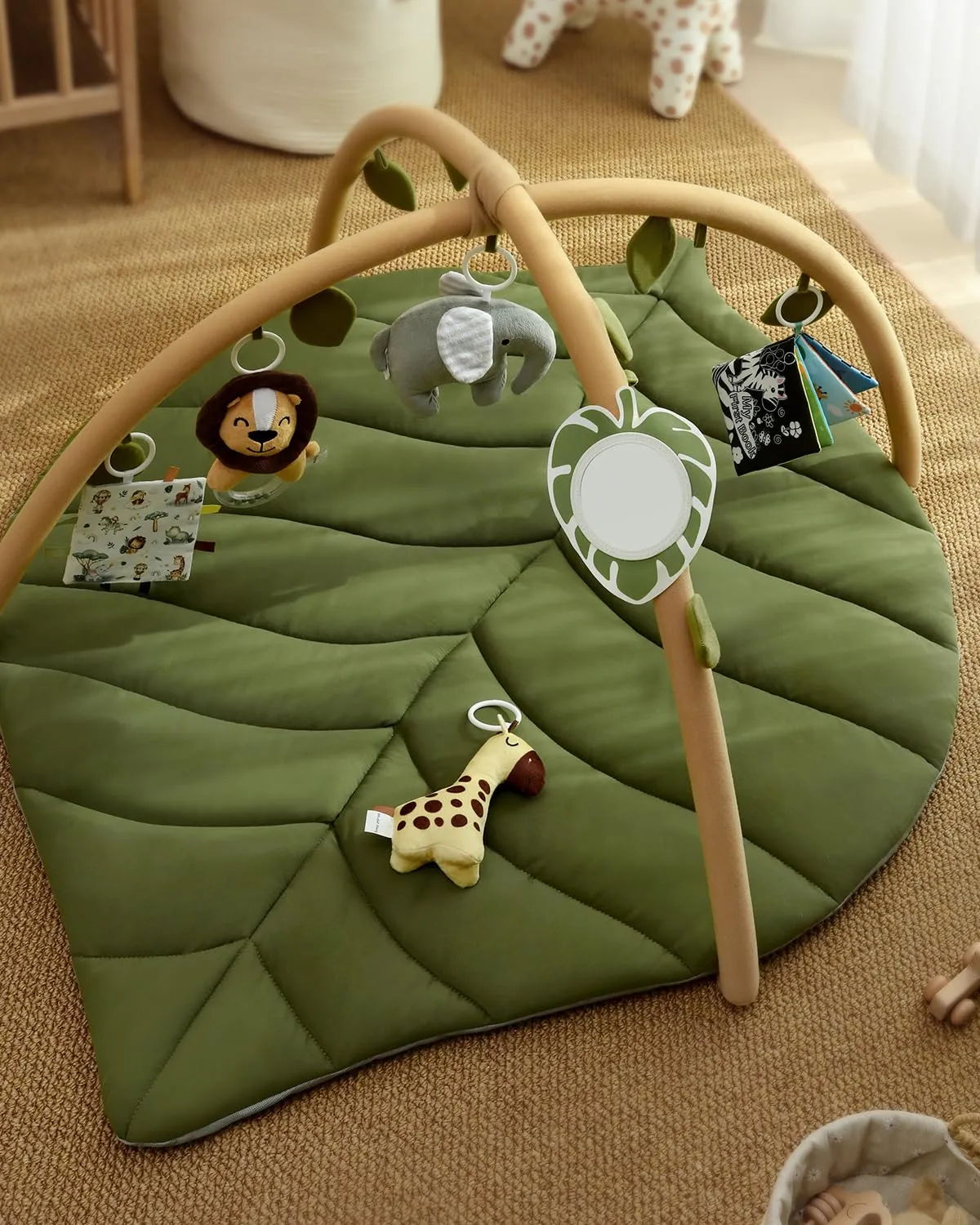 Blissful Diary Palestrina Neonato Montessori a Forma di Foglia con Arco Rimovibile e 6 Giochi, Verde - immagine 2