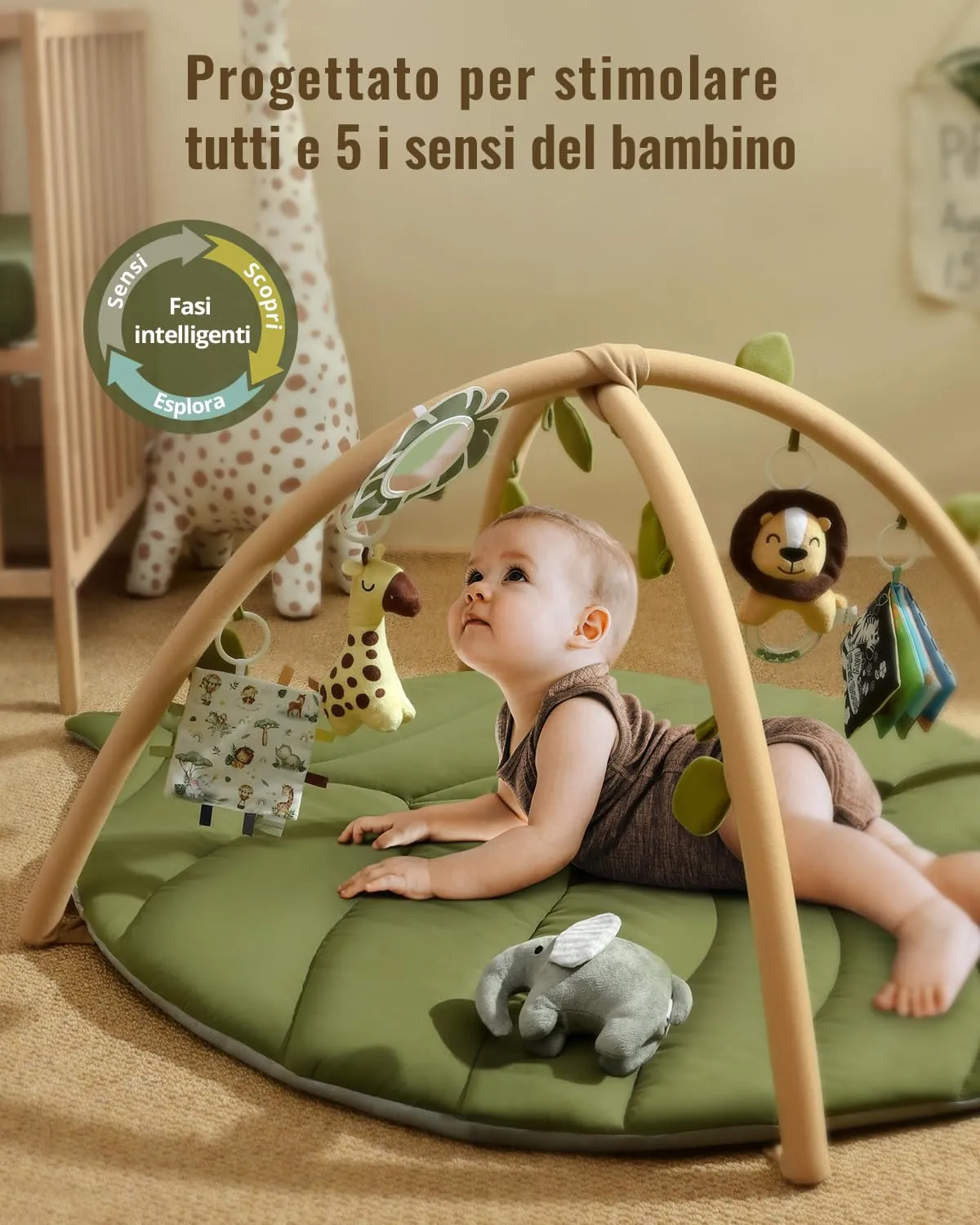 Blissful Diary Palestrina Neonato Montessori a Forma di Foglia con Arco Rimovibile e 6 Giochi, Verde - immagine 3