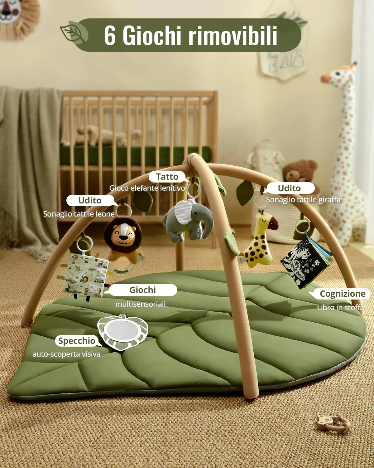Blissful Diary Palestrina Neonato Montessori a Forma di Foglia con Arco Rimovibile e 6 Giochi, Verde - immagine 4