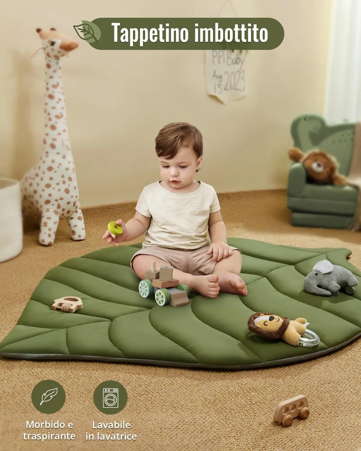 Blissful Diary Palestrina Neonato Montessori a Forma di Foglia con Arco Rimovibile e 6 Giochi, Verde - immagine 5