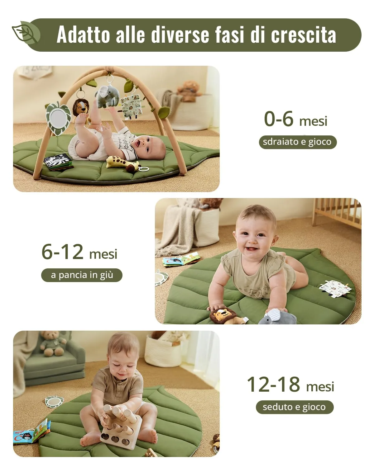 Blissful Diary Palestrina Neonato Montessori a Forma di Foglia con Arco Rimovibile e 6 Giochi, Verde - immagine 6