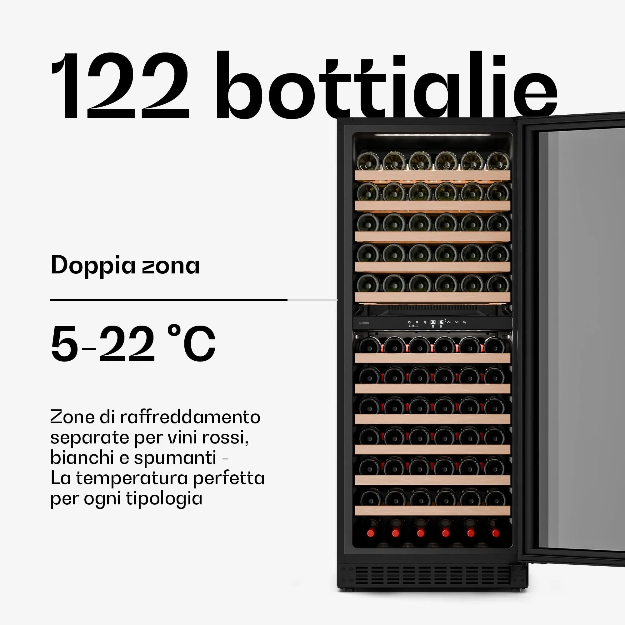 Klarstein Velaire Cantinetta per Vino Doppia Temperatura JCF-320S, 122 Bottiglie, 2 Zone, LED, Touch, UV - immagine 3