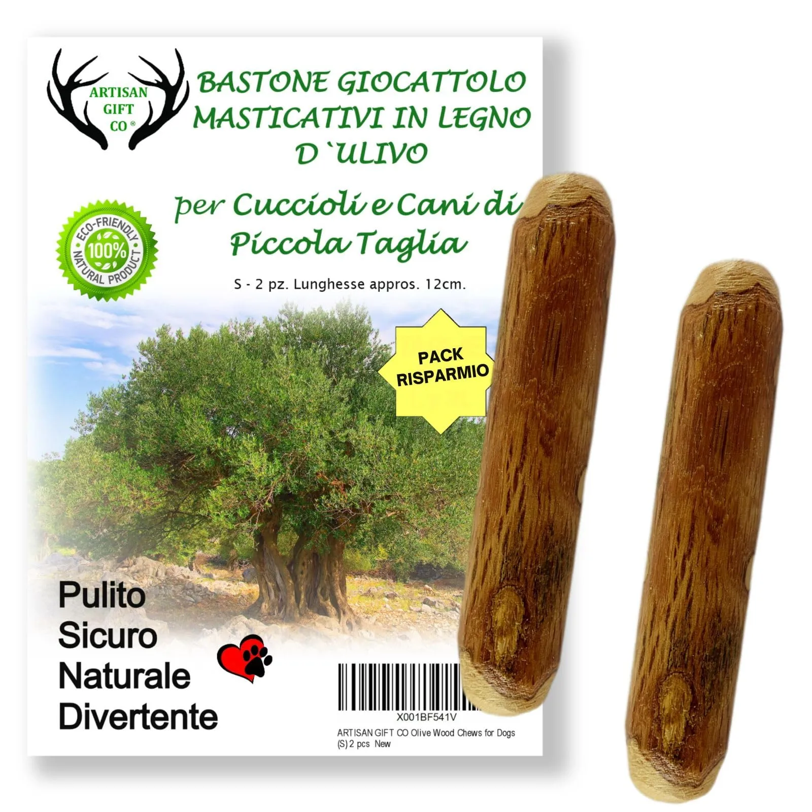 ARTISAN GIFT CO Legno di ulivo per cane, osso di legno naturale per masticare, 12 cm - immagine 1