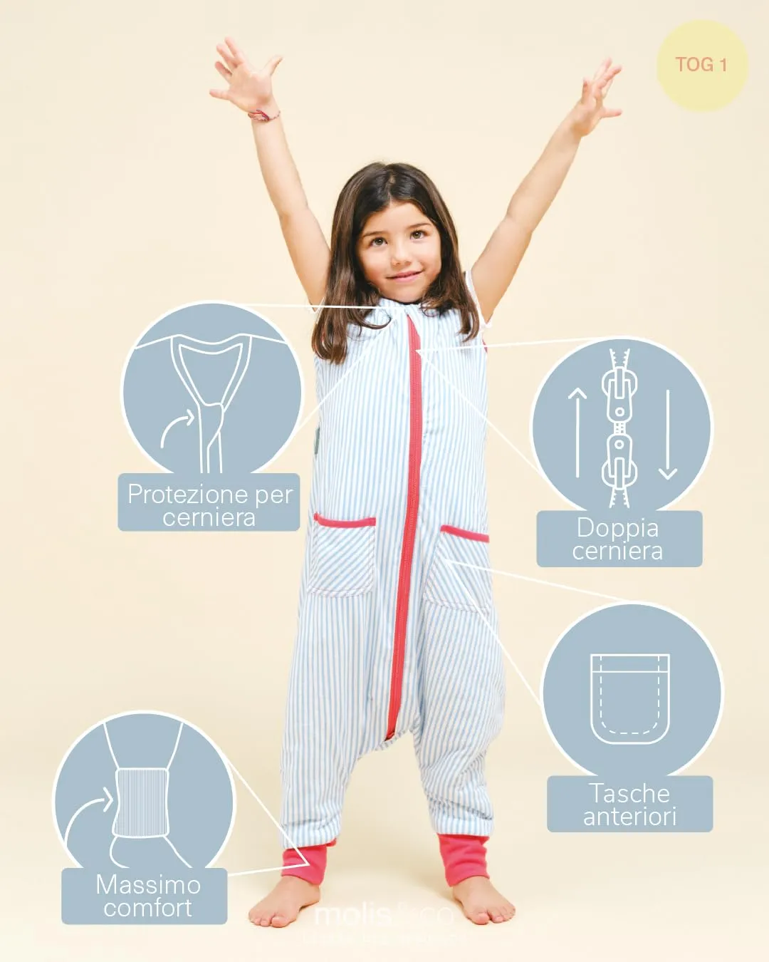 molis&co. Sacco Nanna con piedini, 1 TOG, 100% Cotone Oeko-TEX 100, Sailor Blue, 2 anni - immagine 3