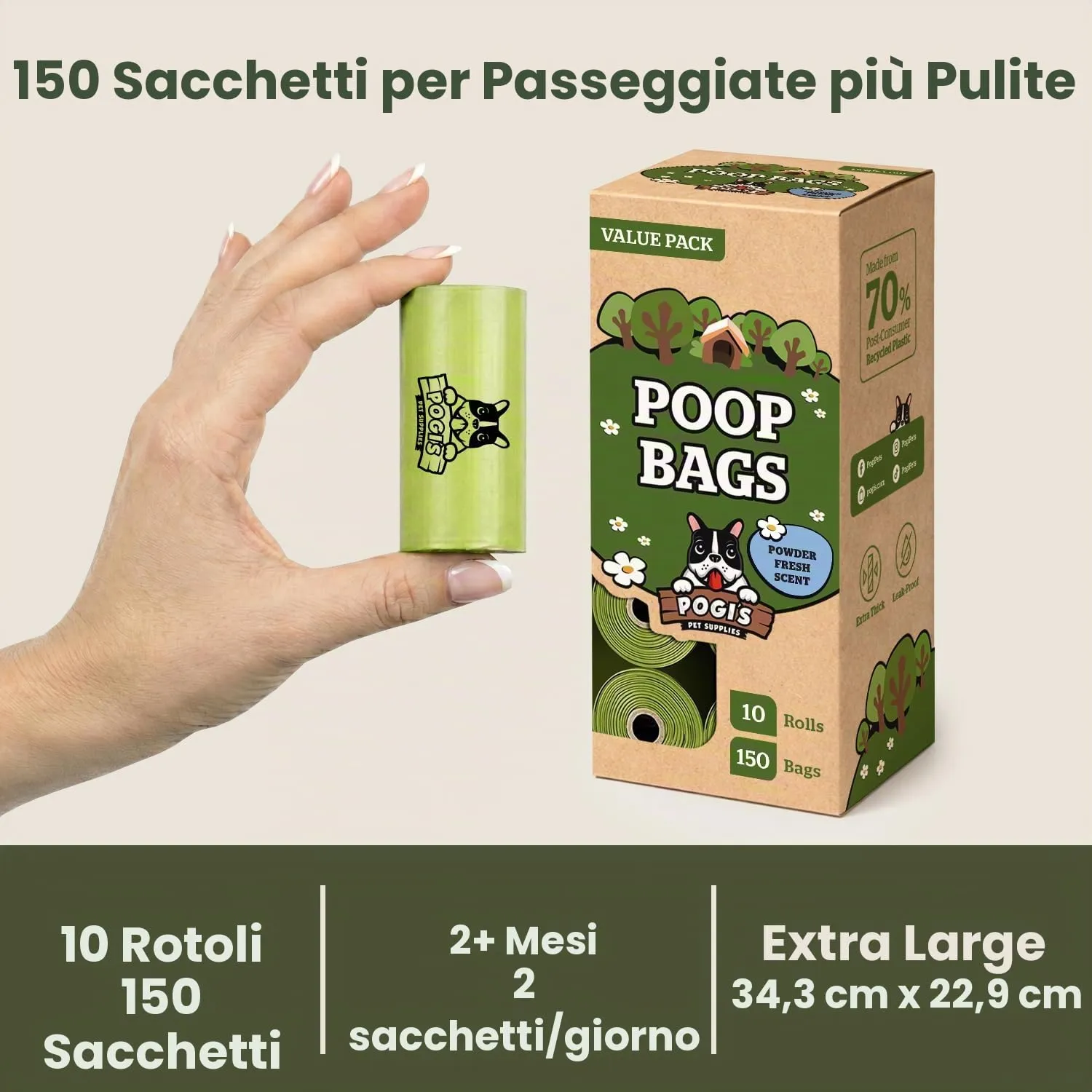 Pogi's Pet Supplies Sacchetti igienici per cani, profumati e resistenti, 150 pezzi (10 rotoli) - immagine 7