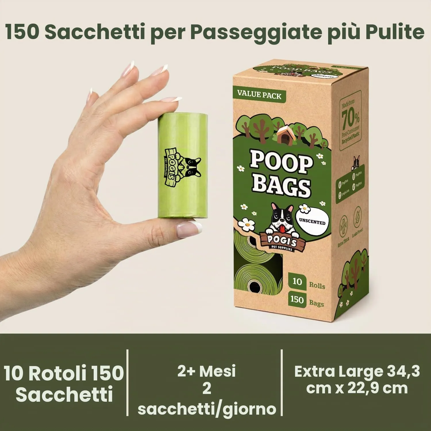 Pogi's Pet Supplies sacchetti igienici per cani senza profumo, 150 pezzi (10 rotoli) - immagine 6