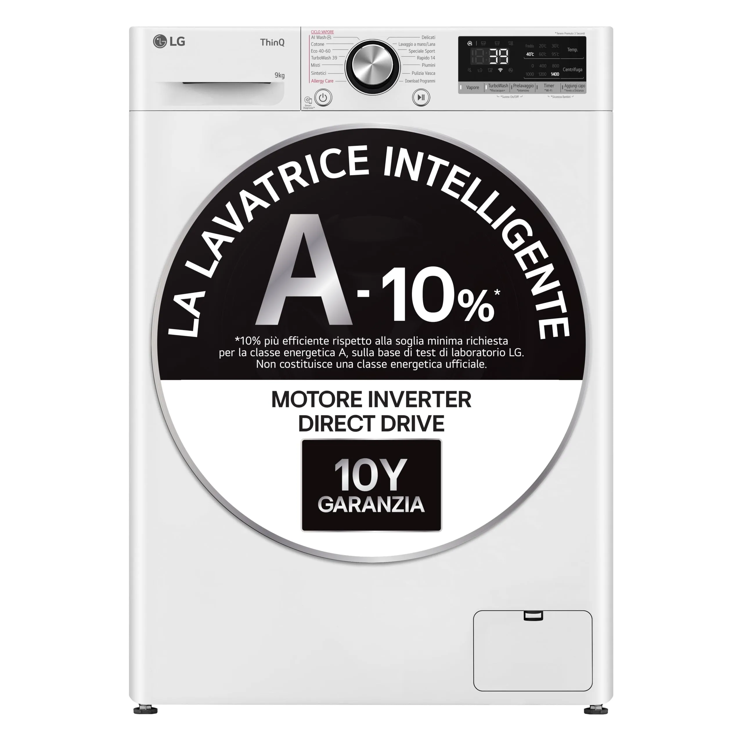 LG AI DD F4R7009TSWB Lavatrice 9 kg Classe A-10%, 1400 Giri, TurboWash 360, Wi-Fi, Serie R7, Bianca - immagine 2