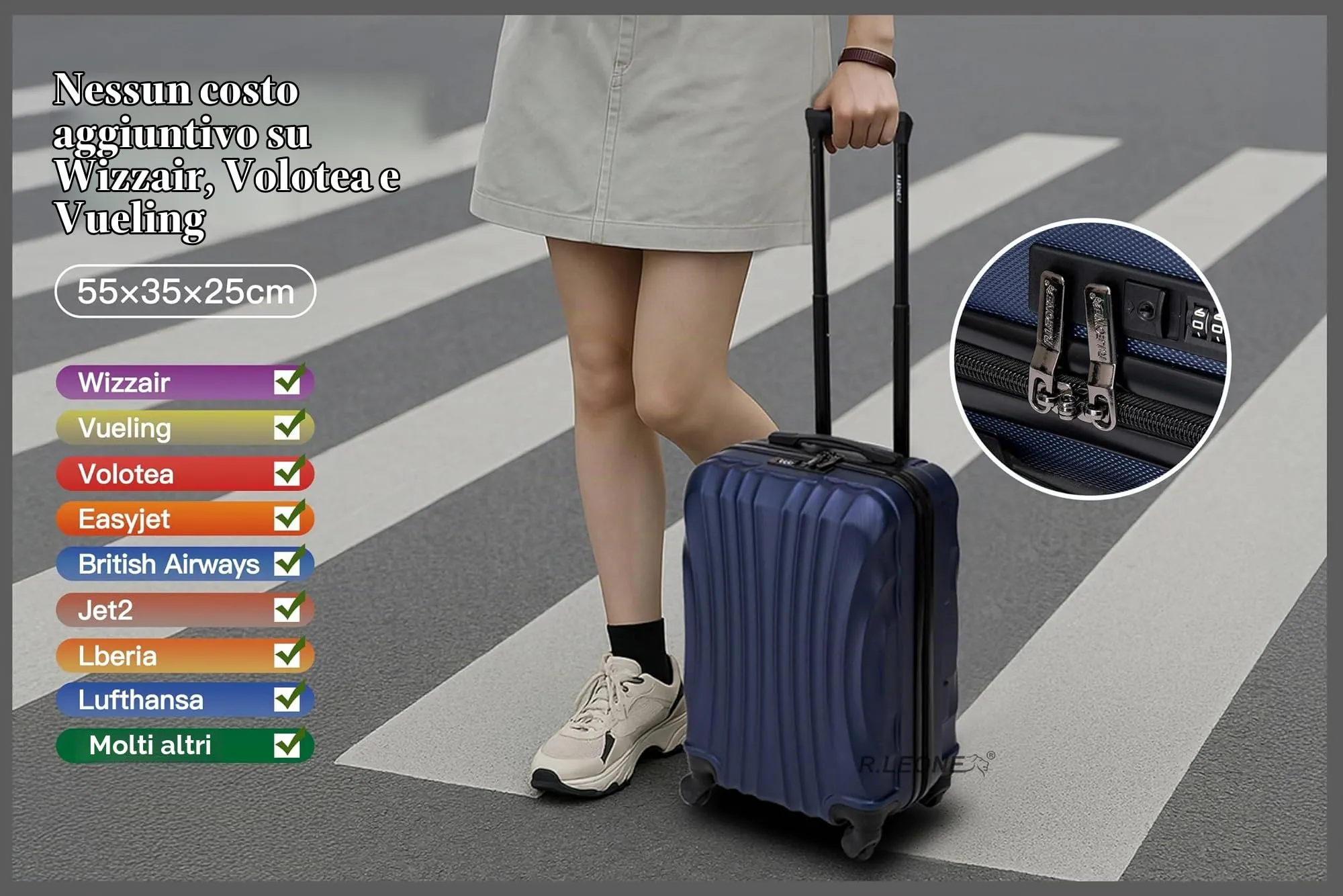 R.Leone Trolley Bagaglio a Mano 55x35x25 cm 4 Ruote in ABS 20373FR Verde Scuro - immagine 4
