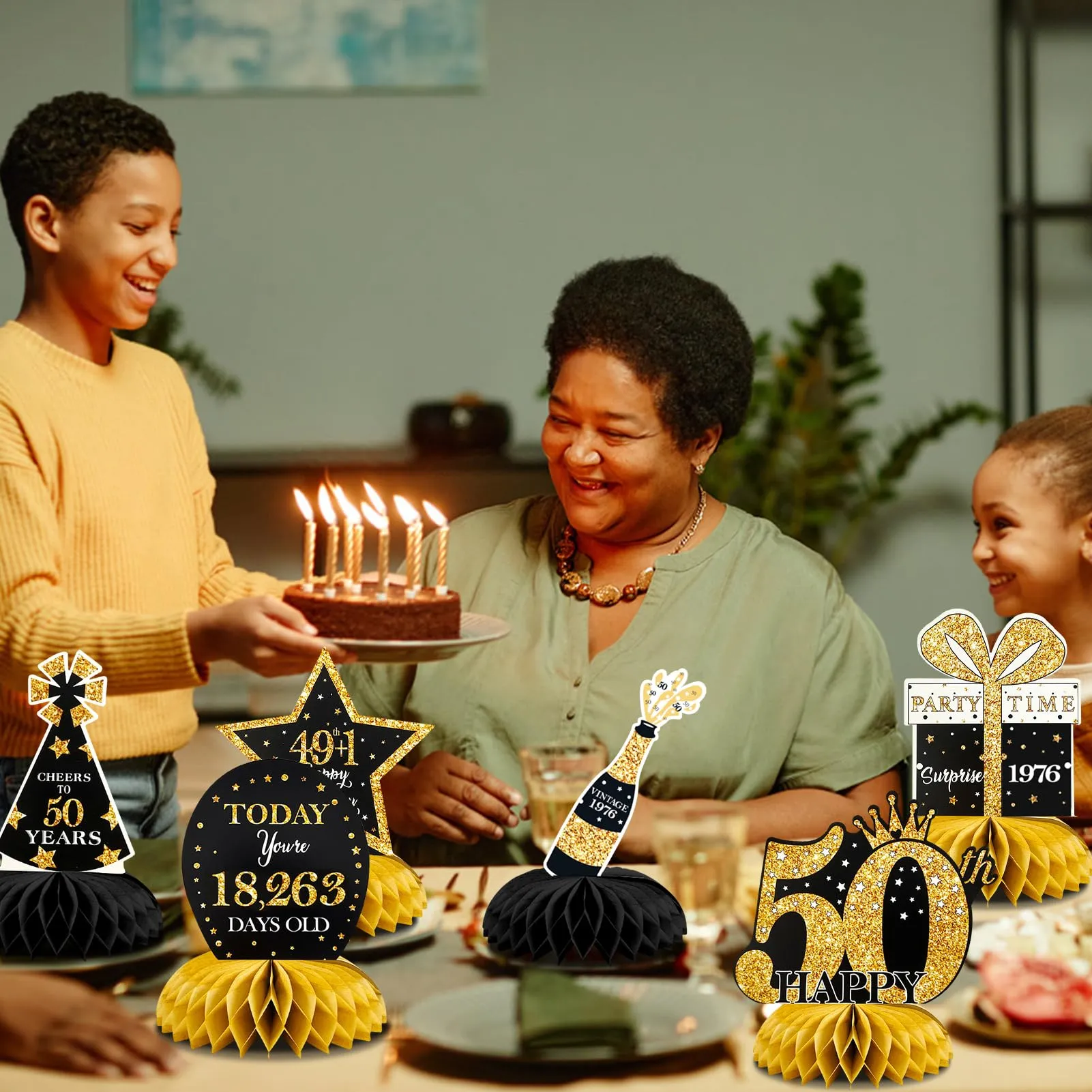 TaimeiMao Centrotavola a Nido d'Ape per Compleanno, 9 Pezzi, Nero e Oro - immagine 7