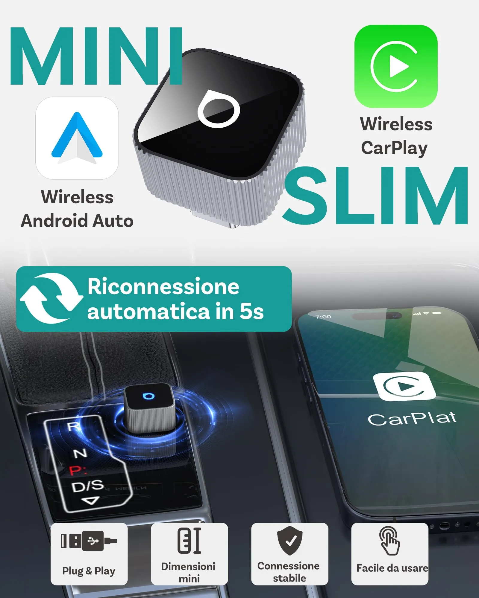 Ottocast Mini 3.0 Slim 2026 Wireless CarPlay & Android Auto Adapter - immagine 6