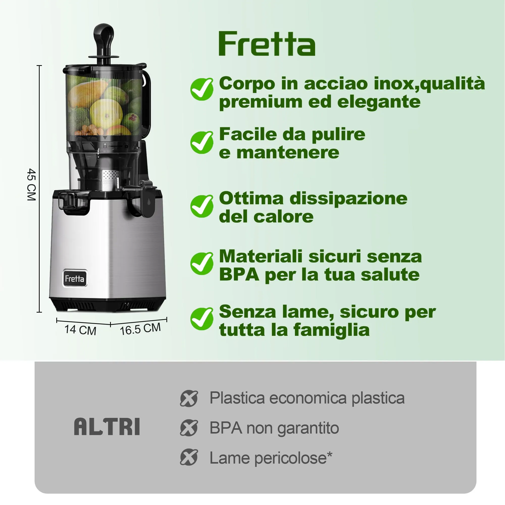 Fretta F6000 Estrattore di succo a masticazione lenta, 250 W, bocca da 135 mm - immagine 6